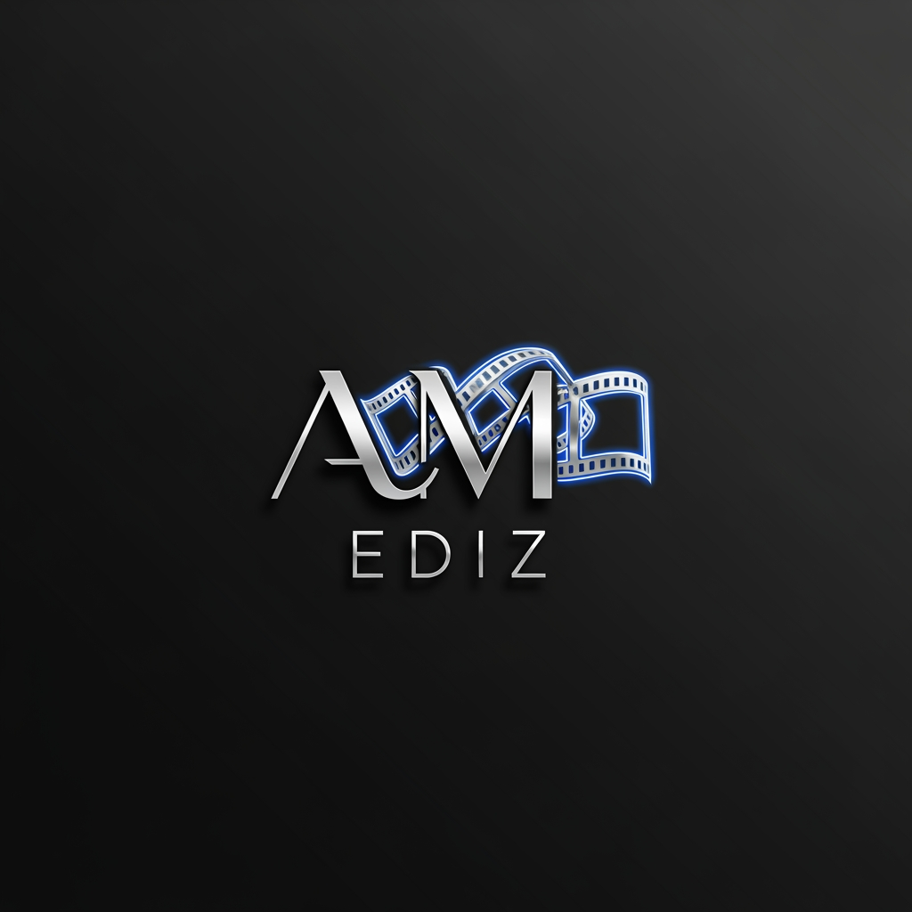 AI Design for EDITVERSE logo, futuristic video production brand identity, elegant typography with cinematic film strip symbol, neon blue and silver accents, minimalist luxury logo, professional video editor agency branding, dark matte background, modern tech-inspired design, vector graphic, premium startup logo, ultra detailed, 8K.Name "AM EDIZ"