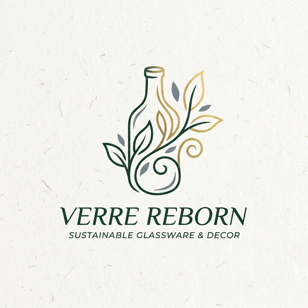 AI Design for A sophisticated and minimalist logo design for an eco-friendly brand that upcycles liquor bottles into glassware and home decor. The design features elegant, fluid lines incorporating a subtle glass bottle silhouette integrated with organic leaf motifs, rendered in a premium color palette of deep forest green, brushed gold, and slate grey. The typography uses refined Ogg Italic fonts, emphasizing a high-end, sustainable aesthetic on a clean, textured off-white background.