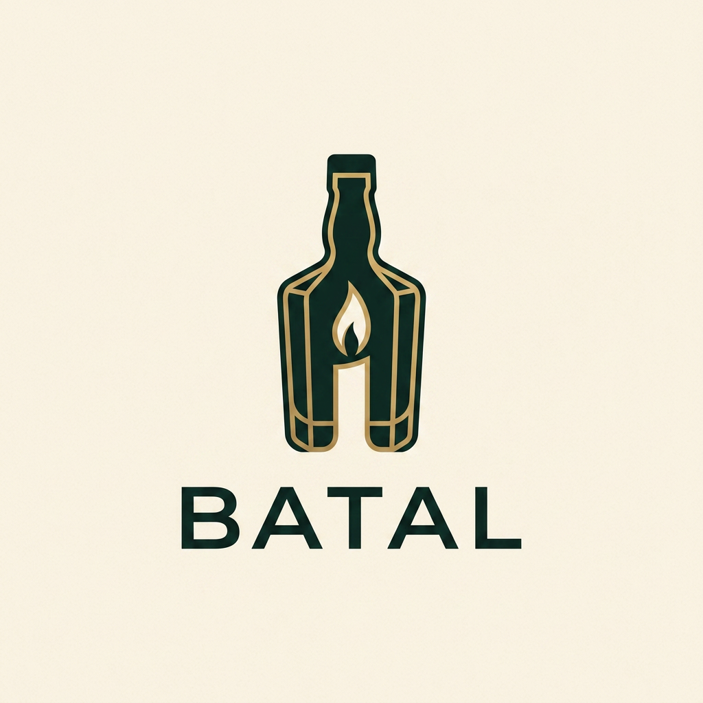 AI Design for A premium minimalist vector logo for an eco-luxury home decor brand named "BATAL". The logo mark features a sleek, abstract silhouette of a cut glass liquor bottle that seamlessly merges with a single, elegant candle flame in the negative space. Clean, fine lines, highly balanced proportions. Deep forest obsidian green and matte gold colors. Set on a warm cream background. Minimal, sophisticated, luxury branding, flat vector, sans-serif typography beneath.
