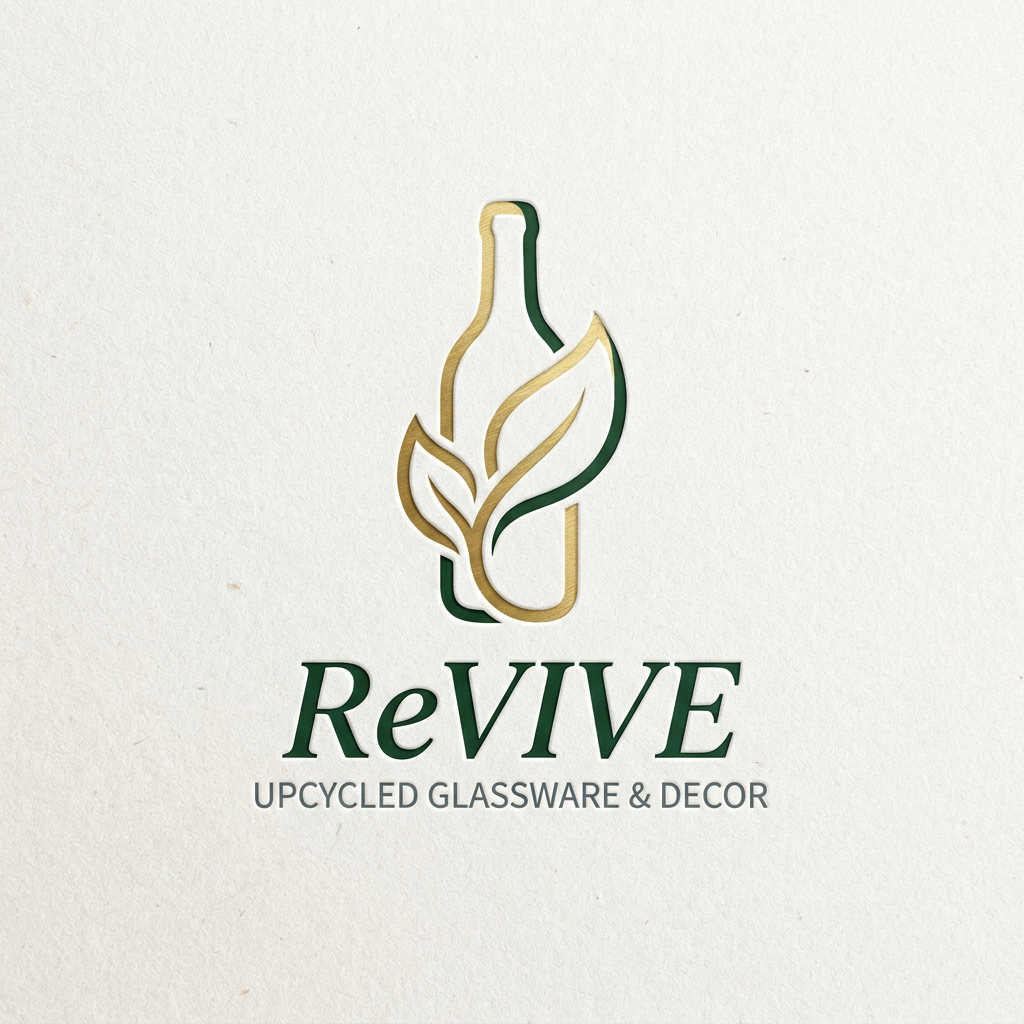 AI Design for A sophisticated and minimalist logo design for an eco-friendly brand that upcycles liquor bottles into glassware and home decor. The design features elegant, fluid lines incorporating a subtle glass bottle silhouette integrated with organic leaf motifs, rendered in a premium color palette of deep forest green, brushed gold, and slate grey. The typography uses refined Ogg Italic fonts, emphasizing a high-end, sustainable aesthetic on a clean, textured off-white background.