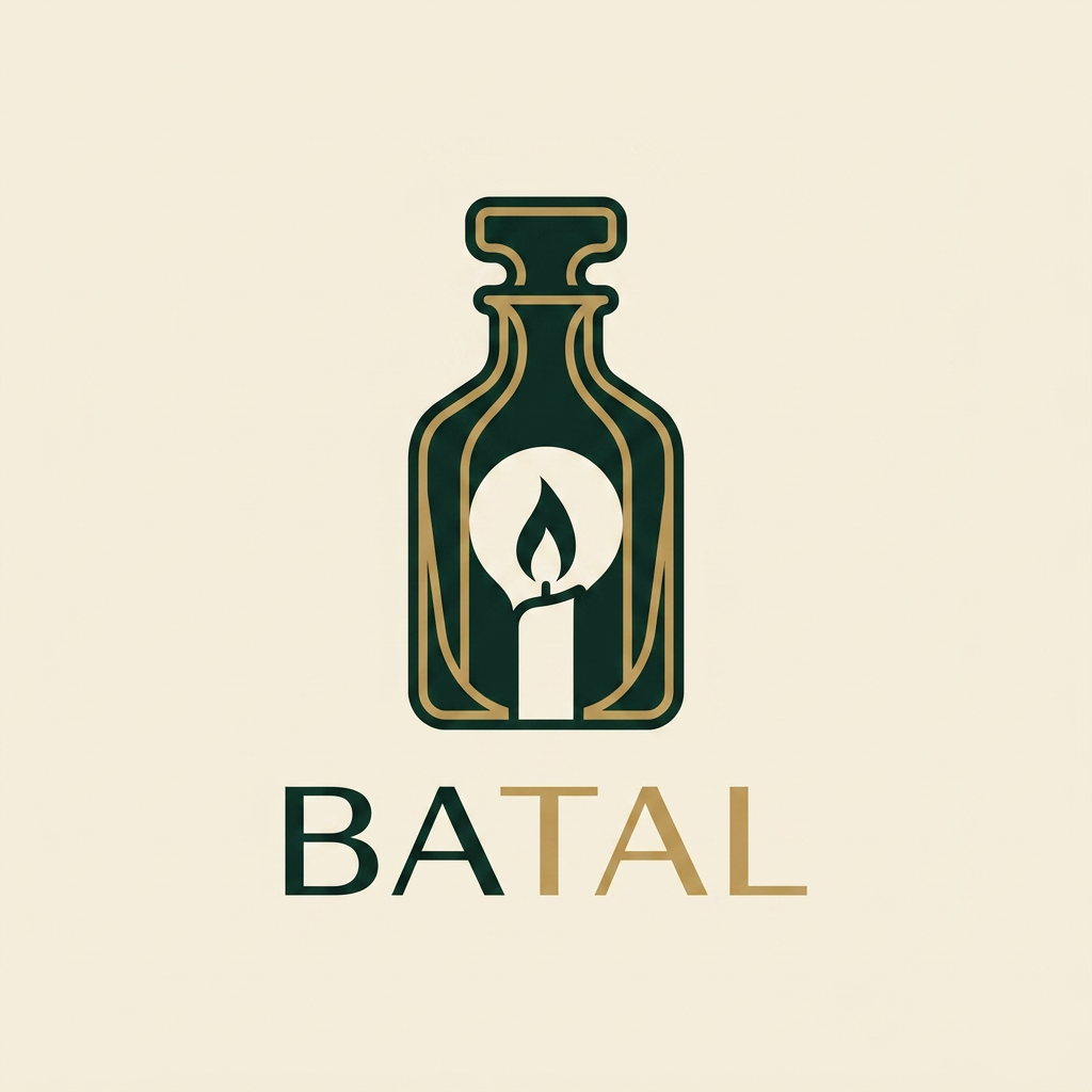 AI Design for A premium minimalist vector logo for an eco-luxury home decor brand named "BATAL". The logo mark features a sleek, abstract silhouette of a cut glass liquor bottle that seamlessly merges with a single, elegant candle flame in the negative space. Clean, fine lines, highly balanced proportions. Deep forest obsidian green and matte gold colors. Set on a warm cream background. Minimal, sophisticated, luxury branding, flat vector, sans-serif typography beneath.