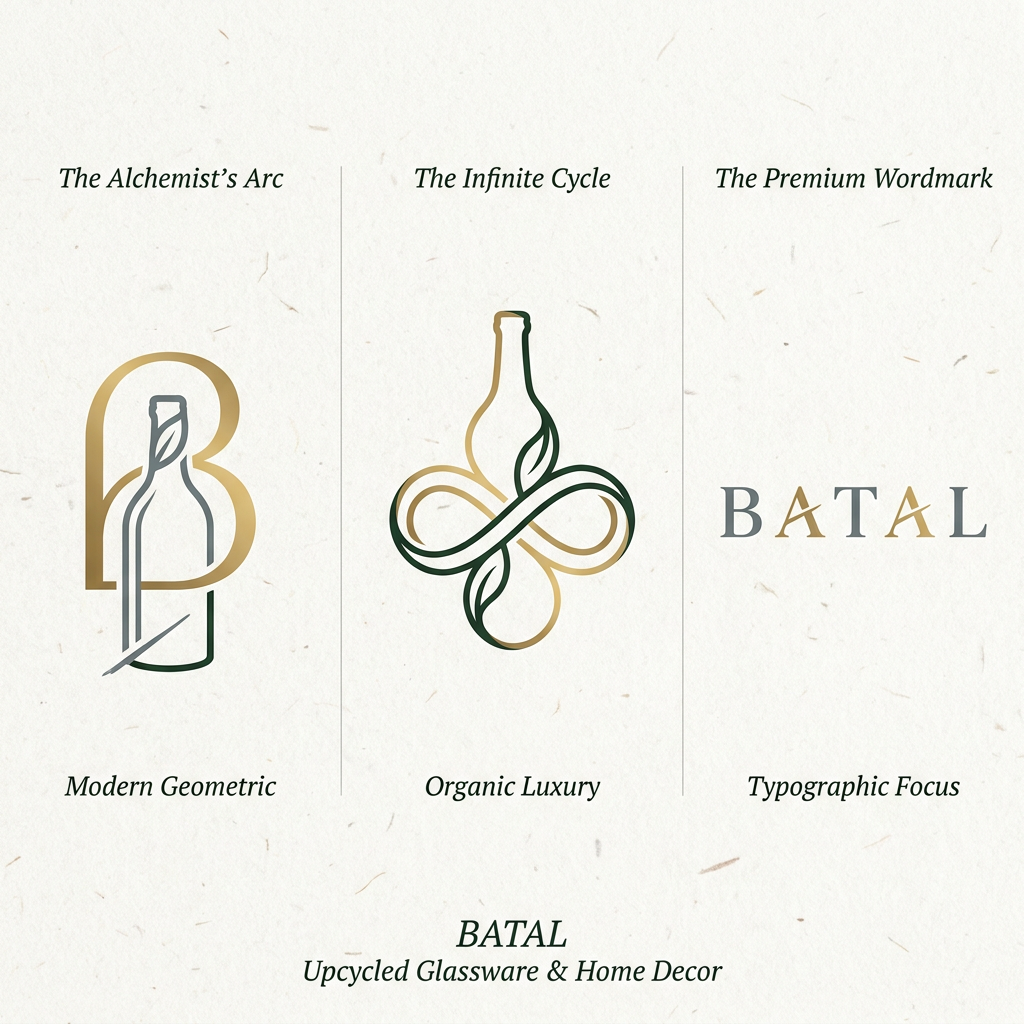 AI Design for A sophisticated and minimalist logo design for an eco-friendly brand BATAL that upcycles liquor bottles into glassware and home decor. The design features elegant, fluid lines incorporating a subtle glass bottle silhouette integrated with organic leaf motifs, rendered in a premium color palette of deep forest green, brushed gold, and slate grey. The typography uses refined Ogg Italic fonts, emphasizing a high-end, sustainable aesthetic on a clean, textured off-white background.
Concept 1: "The Alchemist's Arc" (Modern Geometric)

Visual: A minimalist monogram combining a capitalized sans-serif letter B and the sleek silhouette of a glass bottle. The loop of the "B" is drawn using the golden ratio proportion ($1:\phi \approx 1:1.618$) to create a perfect, satisfying curve. The bottom half of the "B" seamlessly morphs into the base of a bottle, with a delicate, clean line representing the hand-cut glass.

Vibe: Architectural, high-fashion, clean.

Best for: Etching directly into the bottom of the glass products.

Concept 2: "The Infinite Cycle" (Organic Luxury)

Visual: An abstract, continuous line art mark. It depicts a single, elegant ribbon that winds upward to form the silhouette of a classic bottle neck, then loops back down into a soft infinity symbol ($\infty$).

Vibe: Artistic, fluid, poetic.

Best for: Embossing on premium cardboard packaging and tissue paper.

Concept 3: "The Premium Wordmark" (Typographic Focus)

Visual: The word B A T A L set in an elegant, customized Serif font. The crossbar of the letter As are custom-designed with a slight diagonal slice, mimicking the clean angle of a hand-cut glass bottle. The letter-spacing is highly tracking-spaced ($1.5\times$ normal spacing) to give it room to breathe.

Vibe: Timeless, prestigious, established.

Best for: The main storefront, website header, and primary product labels.