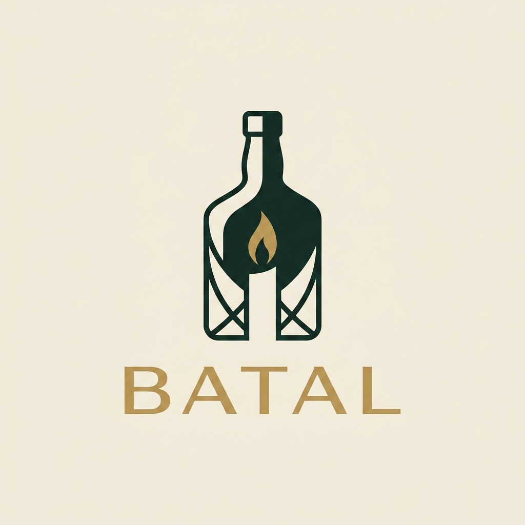 AI Design for A premium minimalist vector logo for an eco-luxury home decor brand named "BATAL". The logo mark features a sleek, abstract silhouette of a cut glass liquor bottle that seamlessly merges with a single, elegant candle flame in the negative space. Clean, fine lines, highly balanced proportions. Deep forest obsidian green and matte gold colors. Set on a warm cream background. Minimal, sophisticated, luxury branding, flat vector, sans-serif typography beneath.