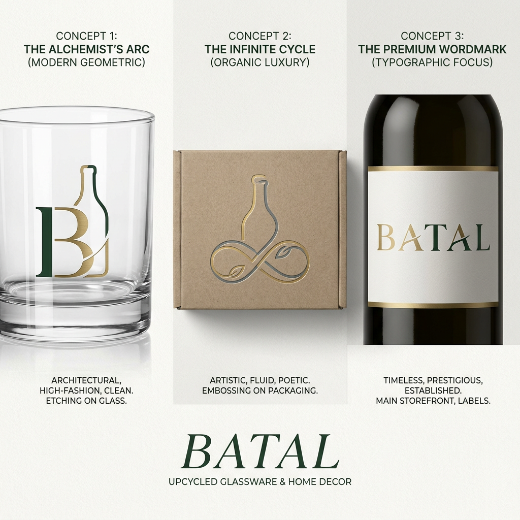 AI Design for A sophisticated and minimalist logo design for an eco-friendly brand BATAL that upcycles liquor bottles into glassware and home decor. The design features elegant, fluid lines incorporating a subtle glass bottle silhouette integrated with organic leaf motifs, rendered in a premium color palette of deep forest green, brushed gold, and slate grey. The typography uses refined Ogg Italic fonts, emphasizing a high-end, sustainable aesthetic on a clean, textured off-white background.
Concept 1: "The Alchemist's Arc" (Modern Geometric)

Visual: A minimalist monogram combining a capitalized sans-serif letter B and the sleek silhouette of a glass bottle. The loop of the "B" is drawn using the golden ratio proportion ($1:\phi \approx 1:1.618$) to create a perfect, satisfying curve. The bottom half of the "B" seamlessly morphs into the base of a bottle, with a delicate, clean line representing the hand-cut glass.

Vibe: Architectural, high-fashion, clean.

Best for: Etching directly into the bottom of the glass products.

Concept 2: "The Infinite Cycle" (Organic Luxury)

Visual: An abstract, continuous line art mark. It depicts a single, elegant ribbon that winds upward to form the silhouette of a classic bottle neck, then loops back down into a soft infinity symbol ($\infty$).

Vibe: Artistic, fluid, poetic.

Best for: Embossing on premium cardboard packaging and tissue paper.

Concept 3: "The Premium Wordmark" (Typographic Focus)

Visual: The word B A T A L set in an elegant, customized Serif font. The crossbar of the letter As are custom-designed with a slight diagonal slice, mimicking the clean angle of a hand-cut glass bottle. The letter-spacing is highly tracking-spaced ($1.5\times$ normal spacing) to give it room to breathe.

Vibe: Timeless, prestigious, established.

Best for: The main storefront, website header, and primary product labels.