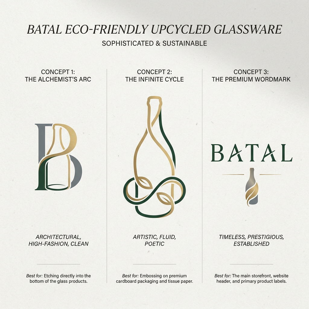 AI Design for A sophisticated and minimalist logo design for an eco-friendly brand BATAL that upcycles liquor bottles into glassware and home decor. The design features elegant, fluid lines incorporating a subtle glass bottle silhouette integrated with organic leaf motifs, rendered in a premium color palette of deep forest green, brushed gold, and slate grey. The typography uses refined Ogg Italic fonts, emphasizing a high-end, sustainable aesthetic on a clean, textured off-white background.
Concept 1: "The Alchemist's Arc" (Modern Geometric)

Visual: A minimalist monogram combining a capitalized sans-serif letter B and the sleek silhouette of a glass bottle. The loop of the "B" is drawn using the golden ratio proportion ($1:\phi \approx 1:1.618$) to create a perfect, satisfying curve. The bottom half of the "B" seamlessly morphs into the base of a bottle, with a delicate, clean line representing the hand-cut glass.

Vibe: Architectural, high-fashion, clean.

Best for: Etching directly into the bottom of the glass products.

Concept 2: "The Infinite Cycle" (Organic Luxury)

Visual: An abstract, continuous line art mark. It depicts a single, elegant ribbon that winds upward to form the silhouette of a classic bottle neck, then loops back down into a soft infinity symbol ($\infty$).

Vibe: Artistic, fluid, poetic.

Best for: Embossing on premium cardboard packaging and tissue paper.

Concept 3: "The Premium Wordmark" (Typographic Focus)

Visual: The word B A T A L set in an elegant, customized Serif font. The crossbar of the letter As are custom-designed with a slight diagonal slice, mimicking the clean angle of a hand-cut glass bottle. The letter-spacing is highly tracking-spaced ($1.5\times$ normal spacing) to give it room to breathe.

Vibe: Timeless, prestigious, established.

Best for: The main storefront, website header, and primary product labels.