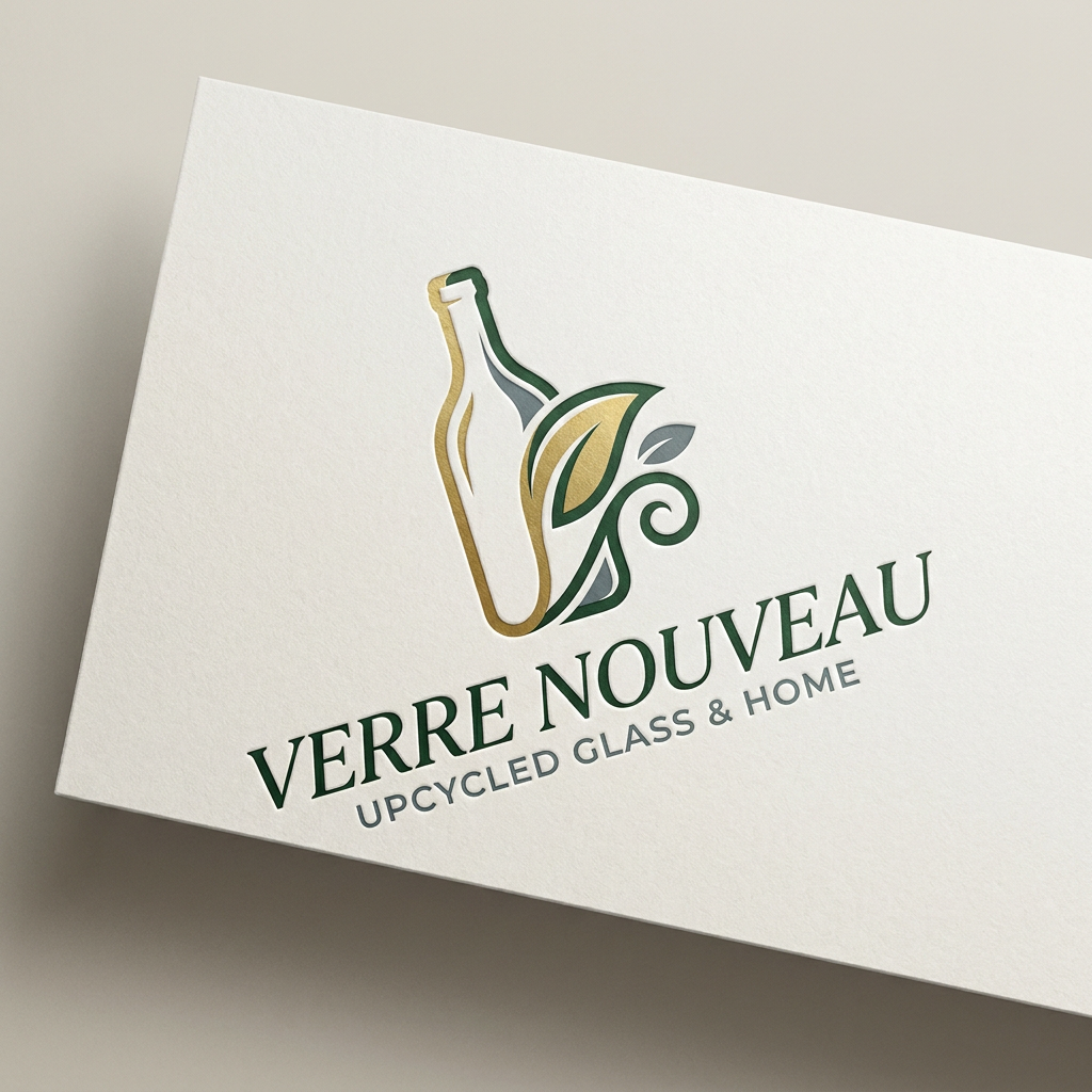 AI Design for A sophisticated and minimalist logo design for an eco-friendly brand that upcycles liquor bottles into glassware and home decor. The design features elegant, fluid lines incorporating a subtle glass bottle silhouette integrated with organic leaf motifs, rendered in a premium color palette of deep forest green, brushed gold, and slate grey. The typography uses refined Ogg Italic fonts, emphasizing a high-end, sustainable aesthetic on a clean, textured off-white background.