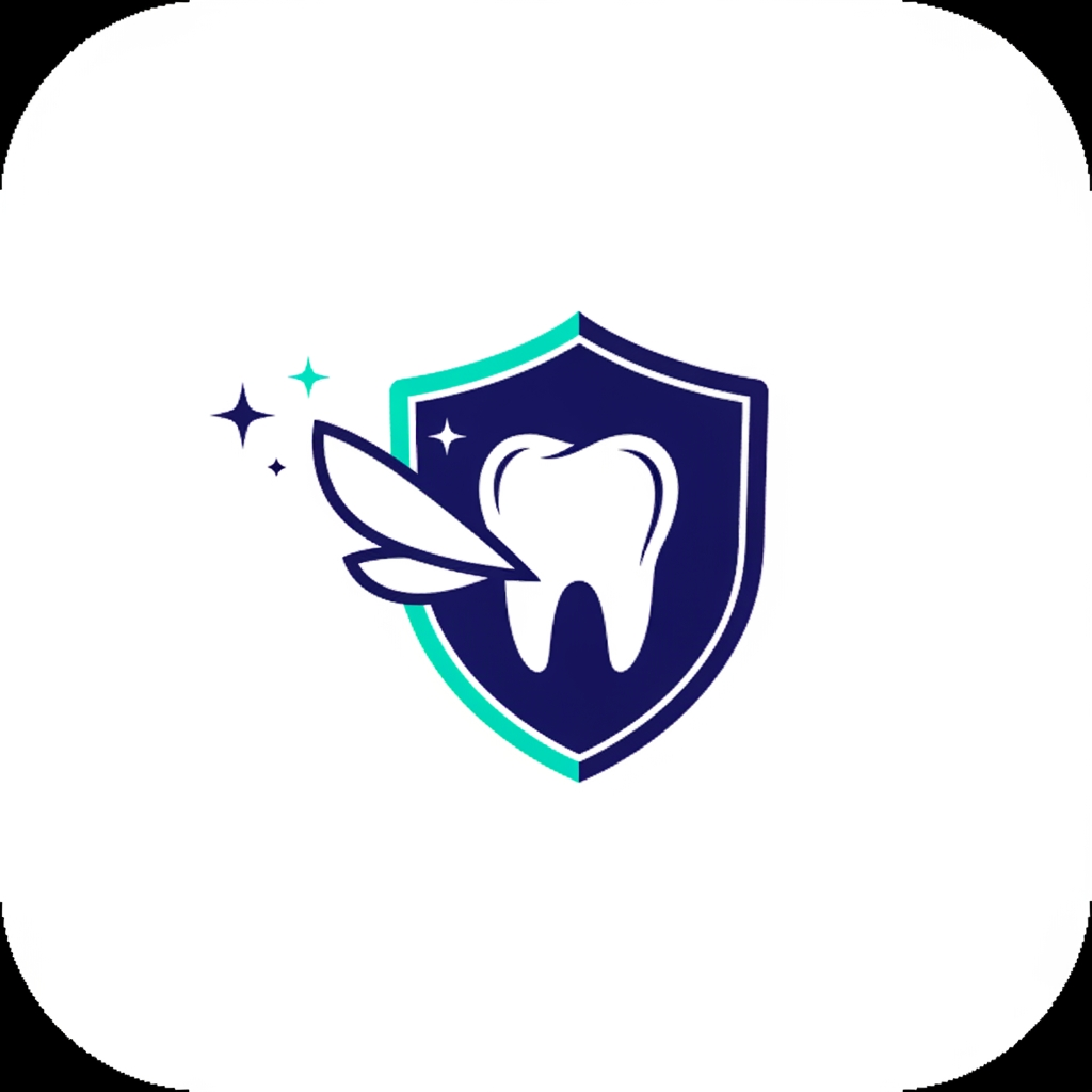 AI Design for A minimalist and modern mobile app icon logo for a digital health application named "ToothFairy: Your Digital Dental Guardian". 

1. Core Visual Elements:
- In the center of the logo, blend a clean vector icon of a healthy human tooth with a sleek, futuristic digital shield symbol. 
- Subtly weave a minimalist fairy wing element or a sparkling light trail into the side of the shield to represent the "ToothFairy" name, without making it look childish or cartoonish.
- The design must look professional, medical, and authoritative.

2. Color Palette & Styling:
- Use a high-contrast color scheme of deep navy blue, bright teal highlights, and pure white accents. 
- Keep the lines clean, smooth, and geometric with soft rounded edges.
- Avoid intricate details, complex shadows, or 3D realism. The design must be flat and optimized for a small smartphone home screen icon.

3. Composition:
- Place the emblem centered on a solid, clean white square background with smooth rounded corners (squircle mobile app icon shape). 
- Do not include any text, typography, letters, or words inside the icon graphic itself.