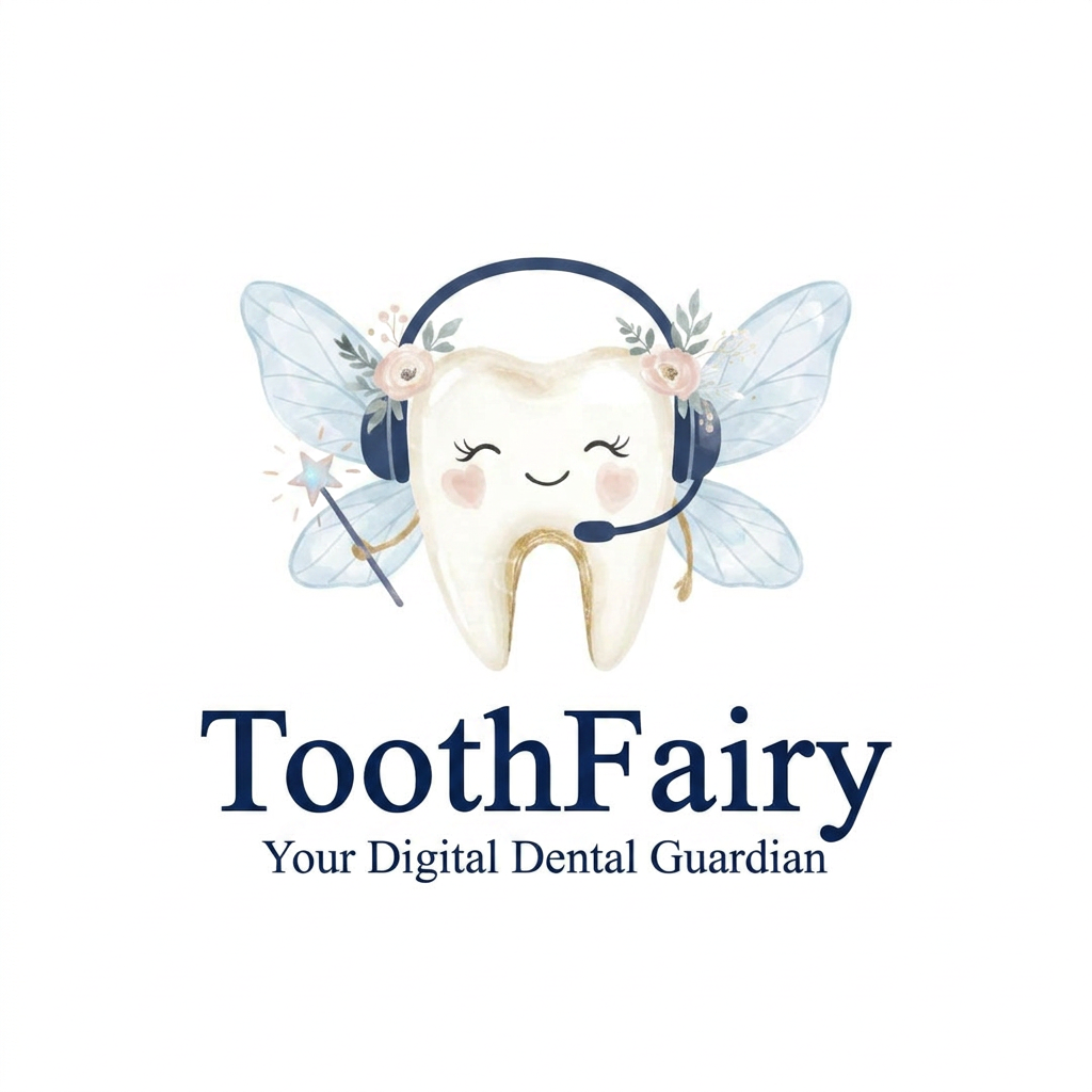AI Design for A charming and modern logo design of a friendly, anthropomorphic tooth character with a gentle smile and soft rosy cheeks. The tooth wears a sleek, minimalist headset decorated with small, delicate floral accents and ethereal blue wings, while holding a dainty, glowing magic wand. The composition is clean and balanced with a professional aesthetic, featuring bold navy blue typography reading 'ToothFairy' and a smaller, elegant sub-headline reading 'Your Digital Dental Guardian' positioned directly beneath the icon. Font used for the logo name and tagline should be Times new Roman The color scheme must use soft pastel colors: creamy whites, gentle blush pinks, and muted dusty sage greens.
- Adorn the top crown of the tooth with a beautiful, delicate floral crown made of small watercolor roses, tiny wildflowers, and soft green leaves. the bachground should be white