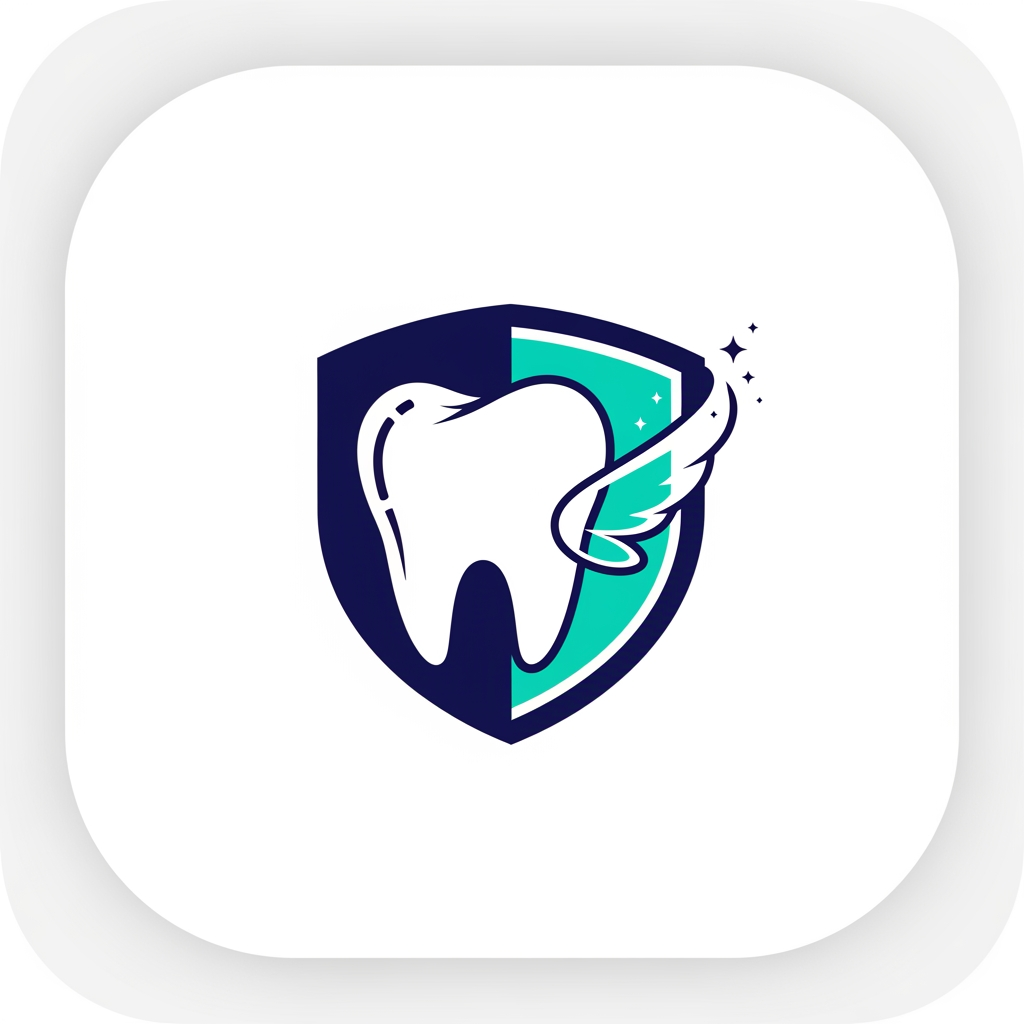 AI Design for A minimalist and modern mobile app icon logo for a digital health application named "ToothFairy: Your Digital Dental Guardian". 

1. Core Visual Elements:
- In the center of the logo, blend a clean vector icon of a healthy human tooth with a sleek, futuristic digital shield symbol. 
- Subtly weave a minimalist fairy wing element or a sparkling light trail into the side of the shield to represent the "ToothFairy" name, without making it look childish or cartoonish.
- The design must look professional, medical, and authoritative.

2. Color Palette & Styling:
- Use a high-contrast color scheme of deep navy blue, bright teal highlights, and pure white accents. 
- Keep the lines clean, smooth, and geometric with soft rounded edges.
- Avoid intricate details, complex shadows, or 3D realism. The design must be flat and optimized for a small smartphone home screen icon.

3. Composition:
- Place the emblem centered on a solid, clean white square background with smooth rounded corners (squircle mobile app icon shape). 
- Do not include any text, typography, letters, or words inside the icon graphic itself.