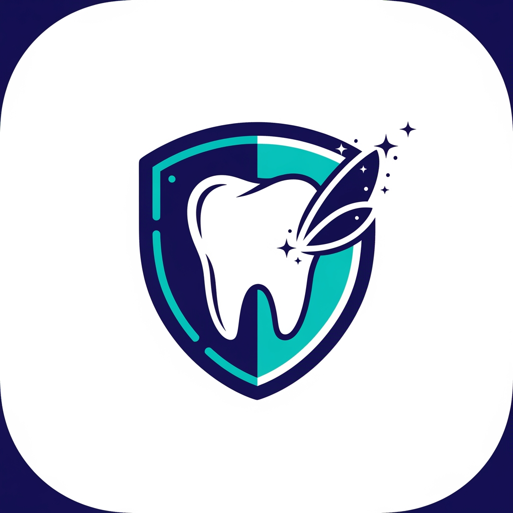AI Design for A minimalist and modern mobile app icon logo for a digital health application named "ToothFairy: Your Digital Dental Guardian". 

1. Core Visual Elements:
- In the center of the logo, blend a clean vector icon of a healthy human tooth with a sleek, futuristic digital shield symbol. 
- Subtly weave a minimalist fairy wing element or a sparkling light trail into the side of the shield to represent the "ToothFairy" name, without making it look childish or cartoonish.
- The design must look professional, medical, and authoritative.

2. Color Palette & Styling:
- Use a high-contrast color scheme of deep navy blue, bright teal highlights, and pure white accents. 
- Keep the lines clean, smooth, and geometric with soft rounded edges.
- Avoid intricate details, complex shadows, or 3D realism. The design must be flat and optimized for a small smartphone home screen icon.

3. Composition:
- Place the emblem centered on a solid, clean white square background with smooth rounded corners (squircle mobile app icon shape). 
- Do not include any text, typography, letters, or words inside the icon graphic itself.