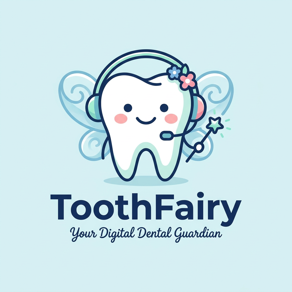 AI Design for A charming and modern vector logo design of a friendly, anthropomorphic tooth character with a gentle smile and soft rosy cheeks. The tooth wears a sleek, minimalist headset decorated with small, delicate floral accents and ethereal blue wings, while holding a dainty, glowing magic wand. The composition is clean and balanced with a professional aesthetic, featuring bold navy blue typography reading 'ToothFairy' and a smaller, elegant sub-headline reading 'Your Digital Dental Guardian' positioned directly beneath the icon. colour pallate pastels