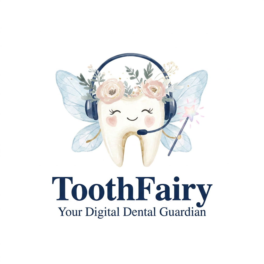 AI Design for A charming and modern logo design of a friendly, anthropomorphic tooth character with a gentle smile and soft rosy cheeks. The tooth wears a sleek, minimalist headset decorated with small, delicate floral accents and ethereal blue wings, while holding a dainty, glowing magic wand. The composition is clean and balanced with a professional aesthetic, featuring bold navy blue typography reading 'ToothFairy' and a smaller, elegant sub-headline reading 'Your Digital Dental Guardian' positioned directly beneath the icon. Font used for the logo name and tagline should be Times new Roman The color scheme must use soft pastel colors: creamy whites, gentle blush pinks, and muted dusty sage greens.
- Adorn the top crown of the tooth with a beautiful, delicate floral crown made of small watercolor roses, tiny wildflowers, and soft green leaves. the bachground should be white