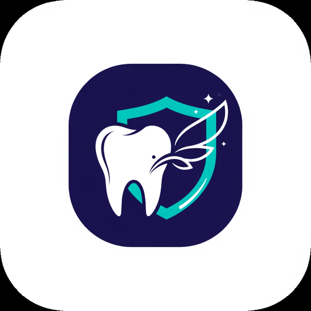 AI Design for A minimalist and modern mobile app icon logo for a digital health application named "ToothFairy: Your Digital Dental Guardian". 

1. Core Visual Elements:
- In the center of the logo, blend a clean vector icon of a healthy human tooth with a sleek, futuristic digital shield symbol. 
- Subtly weave a minimalist fairy wing element or a sparkling light trail into the side of the shield to represent the "ToothFairy" name, without making it look childish or cartoonish.
- The design must look professional, medical, and authoritative.

2. Color Palette & Styling:
- Use a high-contrast color scheme of deep navy blue, bright teal highlights, and pure white accents. 
- Keep the lines clean, smooth, and geometric with soft rounded edges.
- Avoid intricate details, complex shadows, or 3D realism. The design must be flat and optimized for a small smartphone home screen icon.

3. Composition:
- Place the emblem centered on a solid, clean white square background with smooth rounded corners (squircle mobile app icon shape). 
- Do not include any text, typography, letters, or words inside the icon graphic itself.