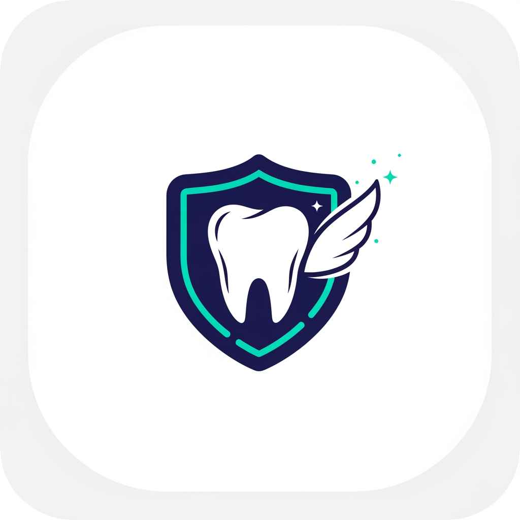 AI Design for A minimalist and modern mobile app icon logo for a digital health application named "ToothFairy: Your Digital Dental Guardian". 

1. Core Visual Elements:
- In the center of the logo, blend a clean vector icon of a healthy human tooth with a sleek, futuristic digital shield symbol. 
- Subtly weave a minimalist fairy wing element or a sparkling light trail into the side of the shield to represent the "ToothFairy" name, without making it look childish or cartoonish.
- The design must look professional, medical, and authoritative.

2. Color Palette & Styling:
- Use a high-contrast color scheme of deep navy blue, bright teal highlights, and pure white accents. 
- Keep the lines clean, smooth, and geometric with soft rounded edges.
- Avoid intricate details, complex shadows, or 3D realism. The design must be flat and optimized for a small smartphone home screen icon.

3. Composition:
- Place the emblem centered on a solid, clean white square background with smooth rounded corners (squircle mobile app icon shape). 
- Do not include any text, typography, letters, or words inside the icon graphic itself.