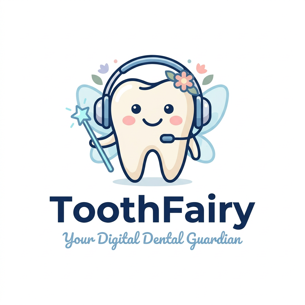 AI Design for A charming and modern vector logo design of a friendly, anthropomorphic tooth character with a gentle smile and soft rosy cheeks. The tooth wears a sleek, minimalist headset decorated with small, delicate floral accents and ethereal blue wings, while holding a dainty, glowing magic wand. The composition is clean and balanced with a professional aesthetic, featuring bold navy blue typography reading 'ToothFairy' and a smaller, elegant sub-headline reading 'Your Digital Dental Guardian' positioned directly beneath the icon. colour pallate pastels