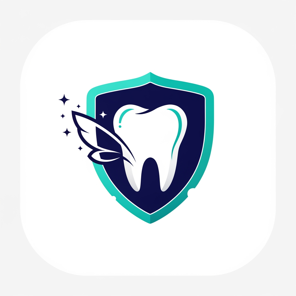 AI Design for A minimalist and modern mobile app icon logo for a digital health application named "ToothFairy: Your Digital Dental Guardian". 

1. Core Visual Elements:
- In the center of the logo, blend a clean vector icon of a healthy human tooth with a sleek, futuristic digital shield symbol. 
- Subtly weave a minimalist fairy wing element or a sparkling light trail into the side of the shield to represent the "ToothFairy" name, without making it look childish or cartoonish.
- The design must look professional, medical, and authoritative.

2. Color Palette & Styling:
- Use a high-contrast color scheme of deep navy blue, bright teal highlights, and pure white accents. 
- Keep the lines clean, smooth, and geometric with soft rounded edges.
- Avoid intricate details, complex shadows, or 3D realism. The design must be flat and optimized for a small smartphone home screen icon.

3. Composition:
- Place the emblem centered on a solid, clean white square background with smooth rounded corners (squircle mobile app icon shape). 
- Do not include any text, typography, letters, or words inside the icon graphic itself.