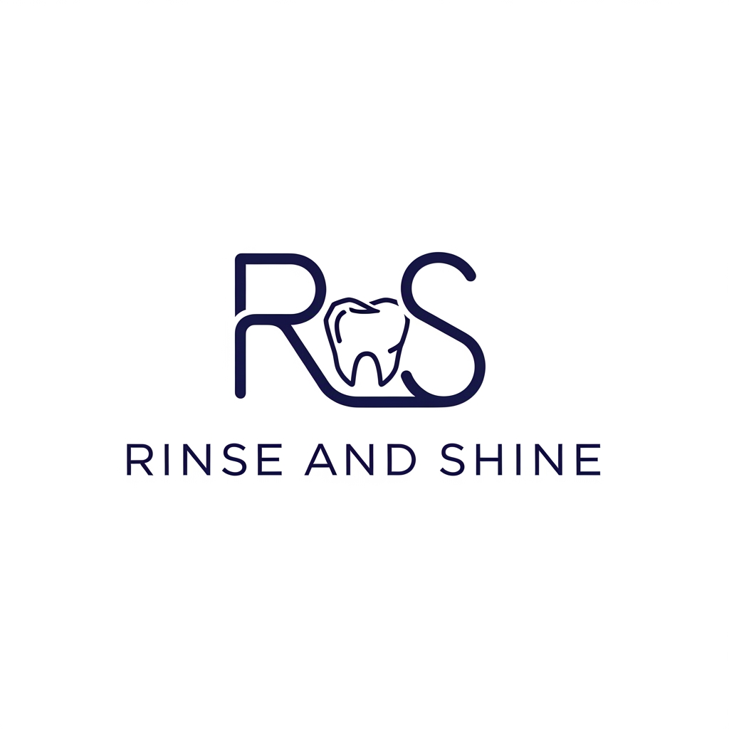 AI Design for Ultra-minimalist, high-end logo for oral care brand "Rinse and Shine". The full brand name "Rinse and Shine" written in a modern, clean, geometric sans-serif font. The icon, a single, continuous fluid line that cleverly merges the letters 'R' and 'S' with a subtle, stylized, geometric tooth silhouette at its core, is positioned cleanly above or to the side of the text. Deep navy blue on a crisp white background. Professional, premium, balanced composition, vector graphic style.