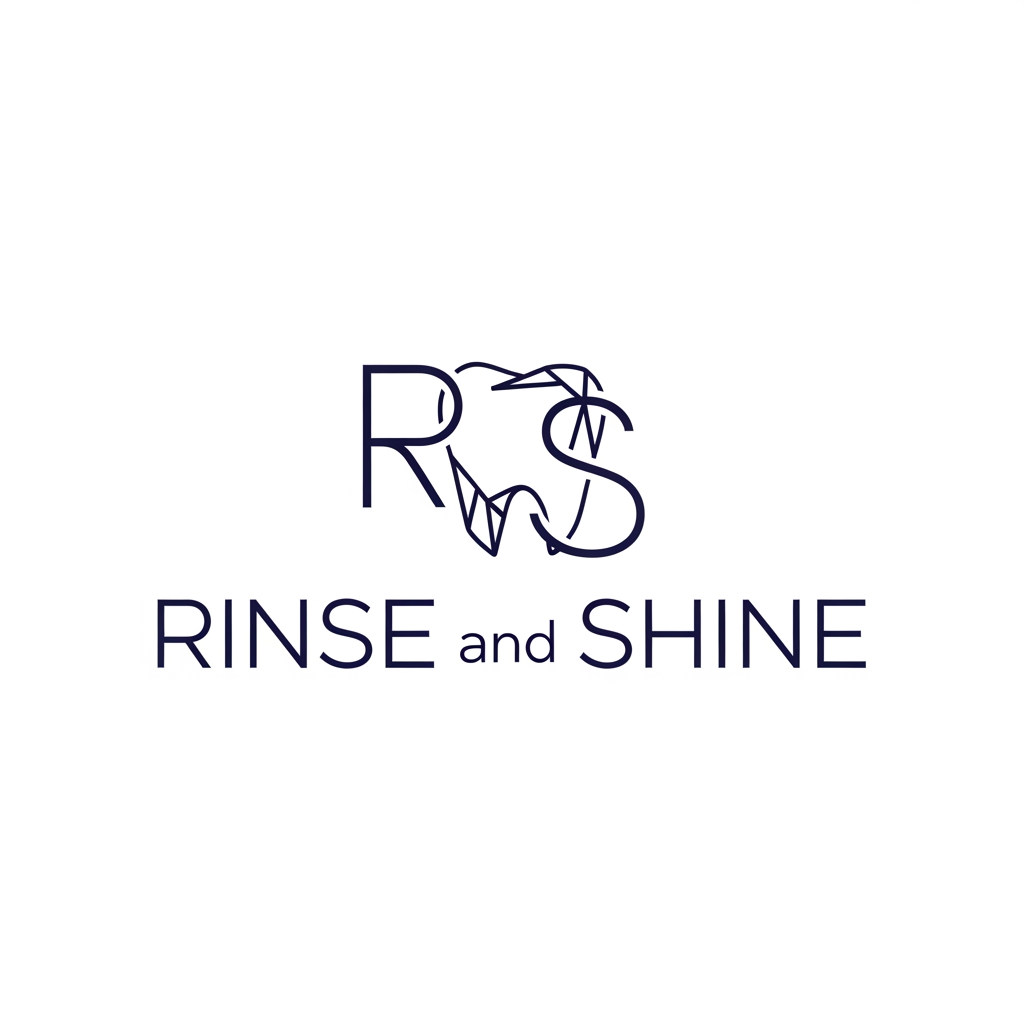 AI Design for Ultra-minimalist, high-end logo for oral care brand "Rinse and Shine". The full brand name "Rinse and Shine" written in a modern, clean, geometric sans-serif font. The icon, a single, continuous fluid line that cleverly merges the letters 'R' and 'S' with a subtle, stylized, geometric tooth silhouette at its core, is positioned cleanly above or to the side of the text. Deep navy blue on a crisp white background. Professional, premium, balanced composition, vector graphic style.
