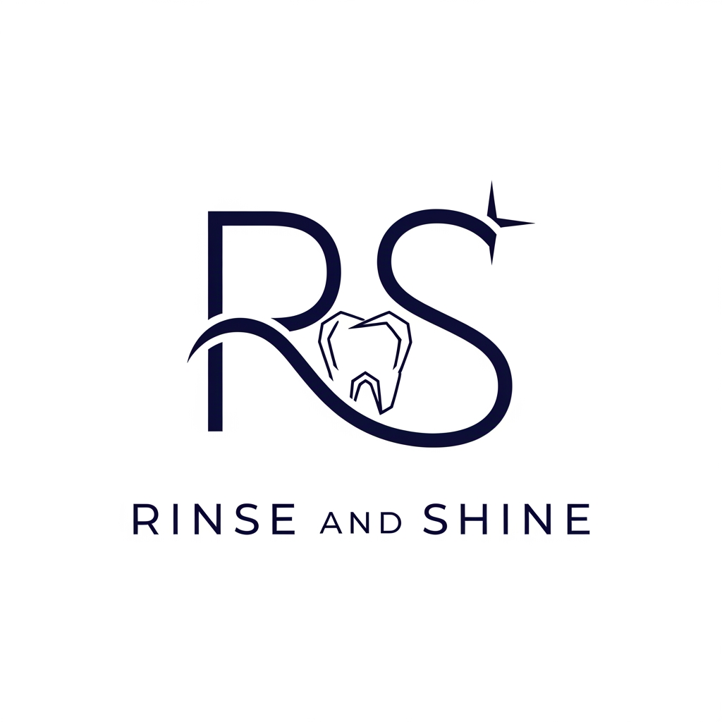 AI Design for Ultra-minimalist, high-end logo for oral care brand "Rinse and Shine". A single, continuous fluid line art symbol that elegantly merges the letters 'R' and 'S' with a subtle, stylized, geometric tooth silhouette at its core. The design implies water flow and a gleam of light. Modern, clean, symmetrical, professional. Deep navy blue on a crisp white background. Vector graphic style, high-end ecommerce aesthetic.