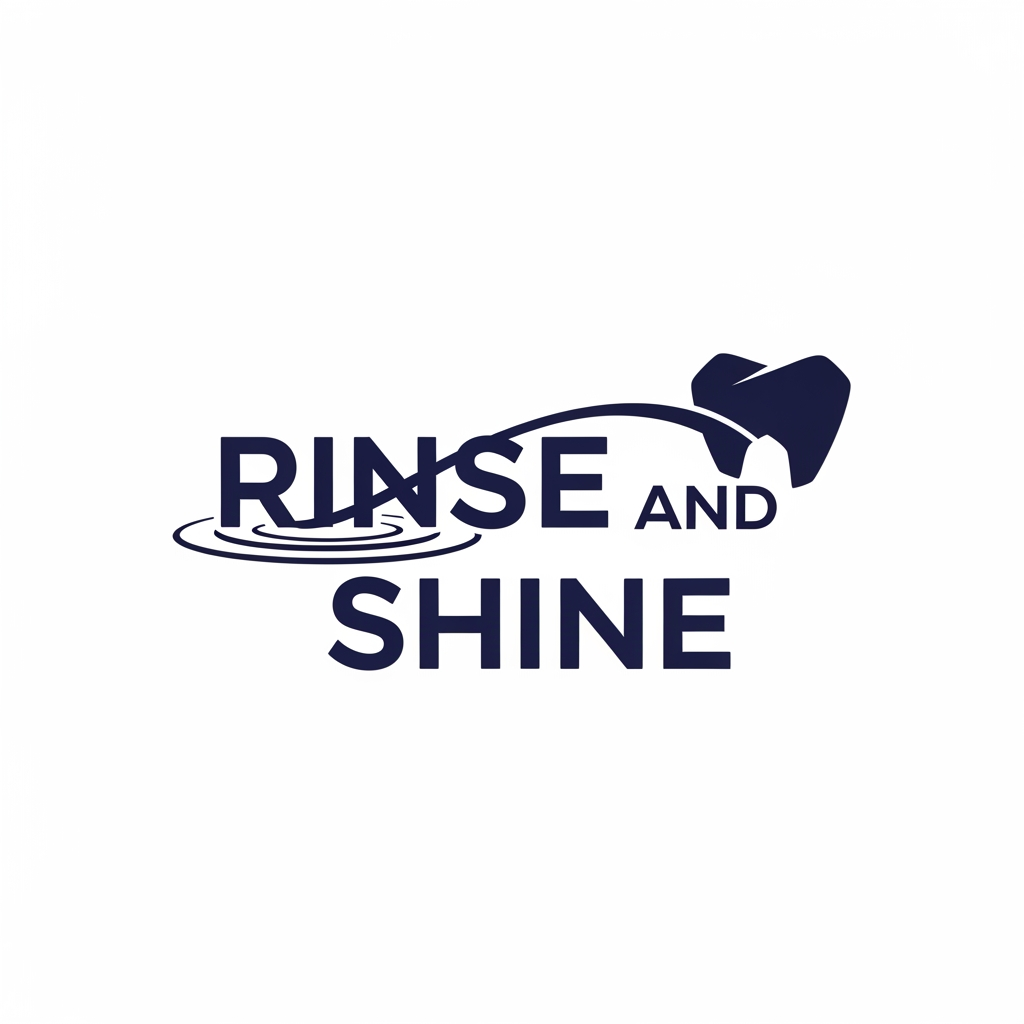 AI Design for Modern, high-end minimalist logo for "Rinse and Shine". The full brand name is the central focus, written in a bold, clean, geometric sans-serif typeface. A subtle, elegant, and abstract graphic element—combining a fluid water ripple and a stylized geometric tooth shape—is seamlessly integrated into the negative space of the letters or subtly placed above the text. Sophisticated, balanced, professional, deep navy blue on white background. Vector-style, high-end ecommerce aesthetic.
