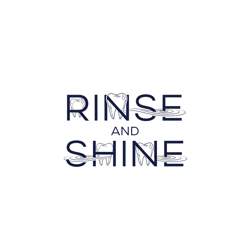 AI Design for Modern, high-end minimalist logo for "Rinse and Shine". The full brand name is the central focus, written in a bold, clean, geometric sans-serif typeface. A subtle, elegant, and abstract graphic element—combining a fluid water ripple and a stylized geometric tooth shape—is seamlessly integrated into the negative space of the letters or subtly placed above the text. Sophisticated, balanced, professional, deep navy blue on white background. Vector-style, high-end ecommerce aesthetic.