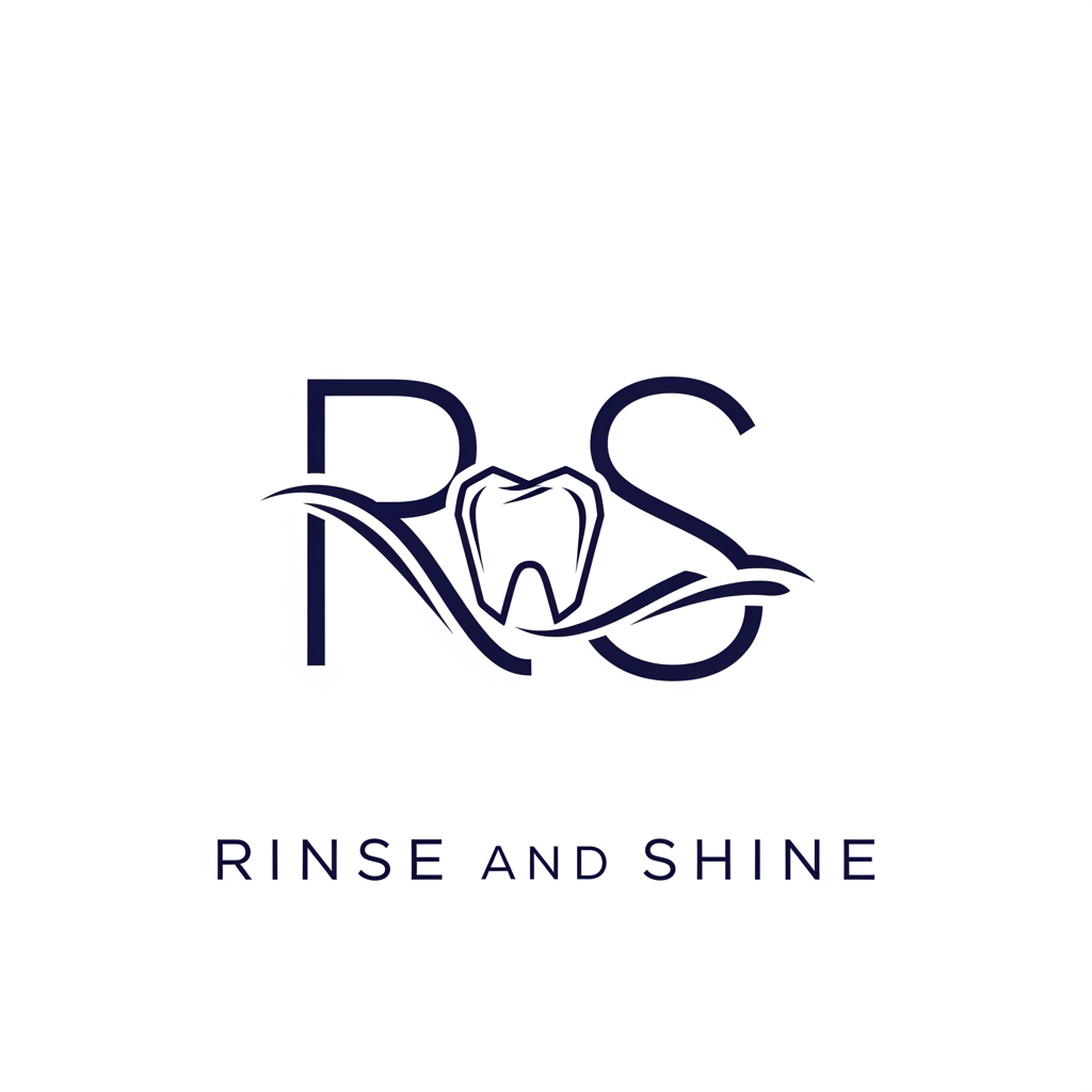AI Design for Ultra-minimalist, high-end logo for oral care brand "Rinse and Shine". A single, continuous fluid line art symbol that elegantly merges the letters 'R' and 'S' with a subtle, stylized, geometric tooth silhouette at its core. The design implies water flow and a gleam of light. Modern, clean, symmetrical, professional. Deep navy blue on a crisp white background. Vector graphic style, high-end ecommerce aesthetic.