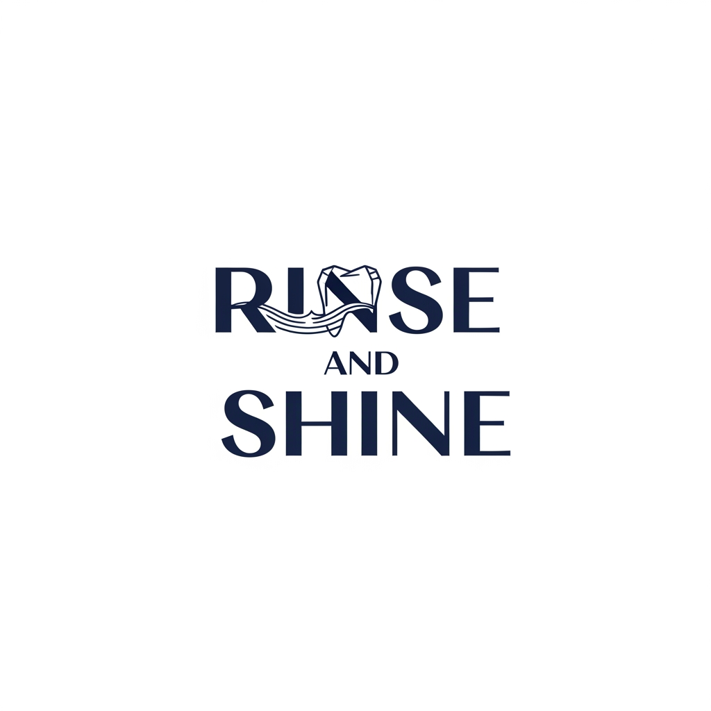 AI Design for Modern, high-end minimalist logo for "Rinse and Shine". The full brand name is the central focus, written in a bold, clean, geometric sans-serif typeface. A subtle, elegant, and abstract graphic element—combining a fluid water ripple and a stylized geometric tooth shape—is seamlessly integrated into the negative space of the letters or subtly placed above the text. Sophisticated, balanced, professional, deep navy blue on white background. Vector-style, high-end ecommerce aesthetic.