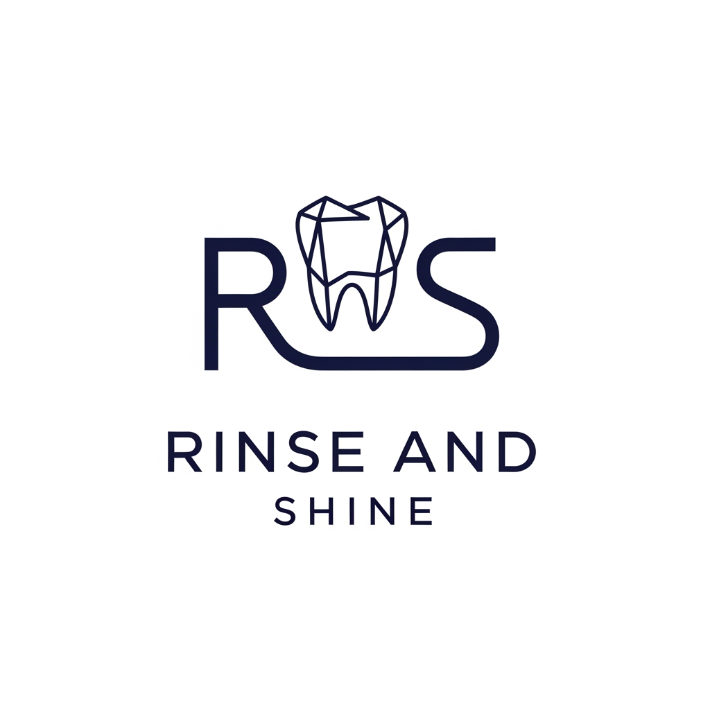 AI Design for Ultra-minimalist, high-end logo for oral care brand "Rinse and Shine". The full brand name "Rinse and Shine" written in a modern, clean, geometric sans-serif font. The icon, a single, continuous fluid line that cleverly merges the letters 'R' and 'S' with a subtle, stylized, geometric tooth silhouette at its core, is positioned cleanly above or to the side of the text. Deep navy blue on a crisp white background. Professional, premium, balanced composition, vector graphic style.