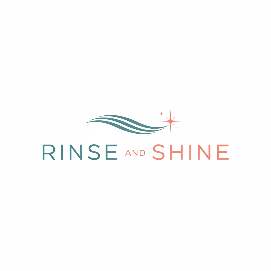 AI Design for Minimalist logo for oral health brand "Rinse and Shine". Modern, clean sans-serif typography. An icon incorporating a subtle water ripple wave merging with a minimalist starburst or glint. Soft, clinical color palette like teal and white, or a fresh coral. Flat design, professional, high-end feel, plenty of white space.