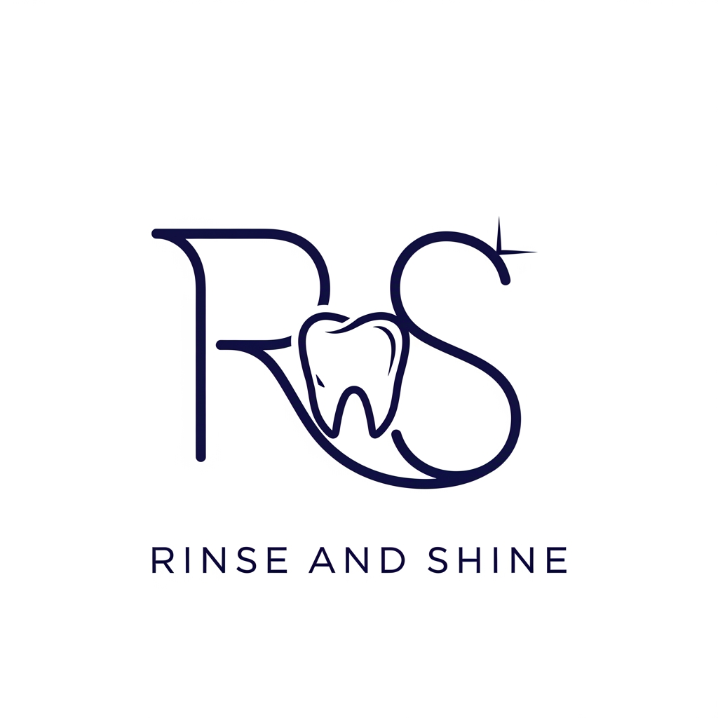AI Design for Ultra-minimalist, high-end logo for oral care brand "Rinse and Shine". A single, continuous fluid line art symbol that elegantly merges the letters 'R' and 'S' with a subtle, stylized, geometric tooth silhouette at its core. The design implies water flow and a gleam of light. Modern, clean, symmetrical, professional. Deep navy blue on a crisp white background. Vector graphic style, high-end ecommerce aesthetic.