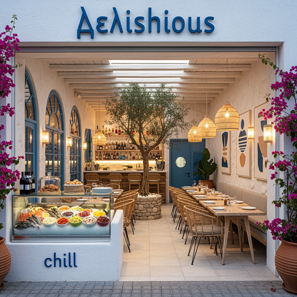 AI Design for we want uniqe desighns for a greek resturrant named delishous in greek for a nice chill desighn