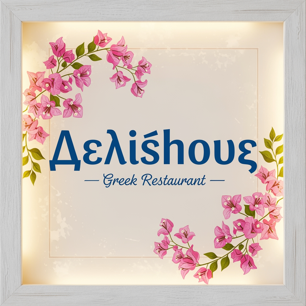 AI Design for we want uniqe desighns for a greek resturrant named delishous in greek for a nice chill desighn sighn pink flowers
