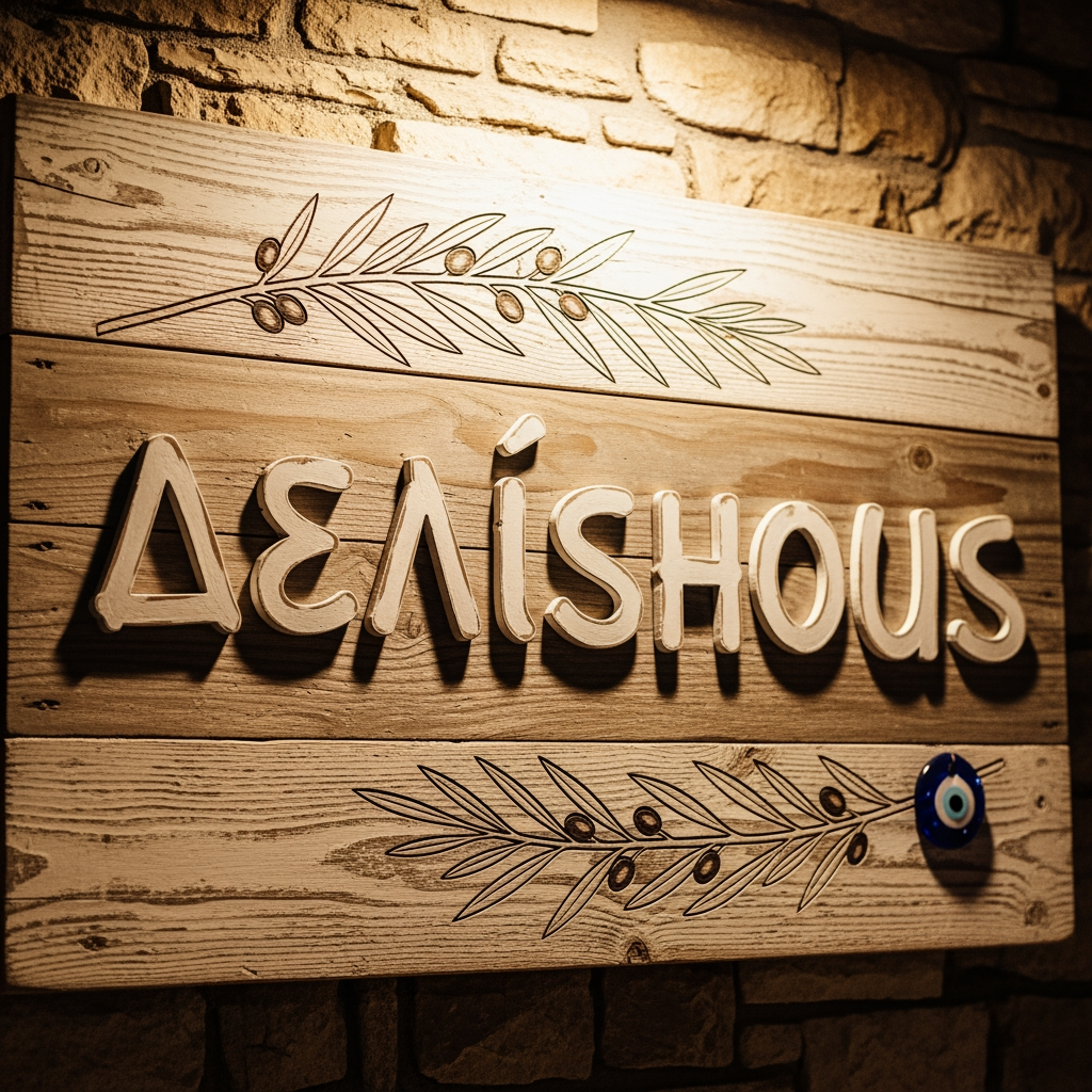AI Design for we want uniqe desighns for a greek resturrant named delishous in greek for a nice chill desighn sighn