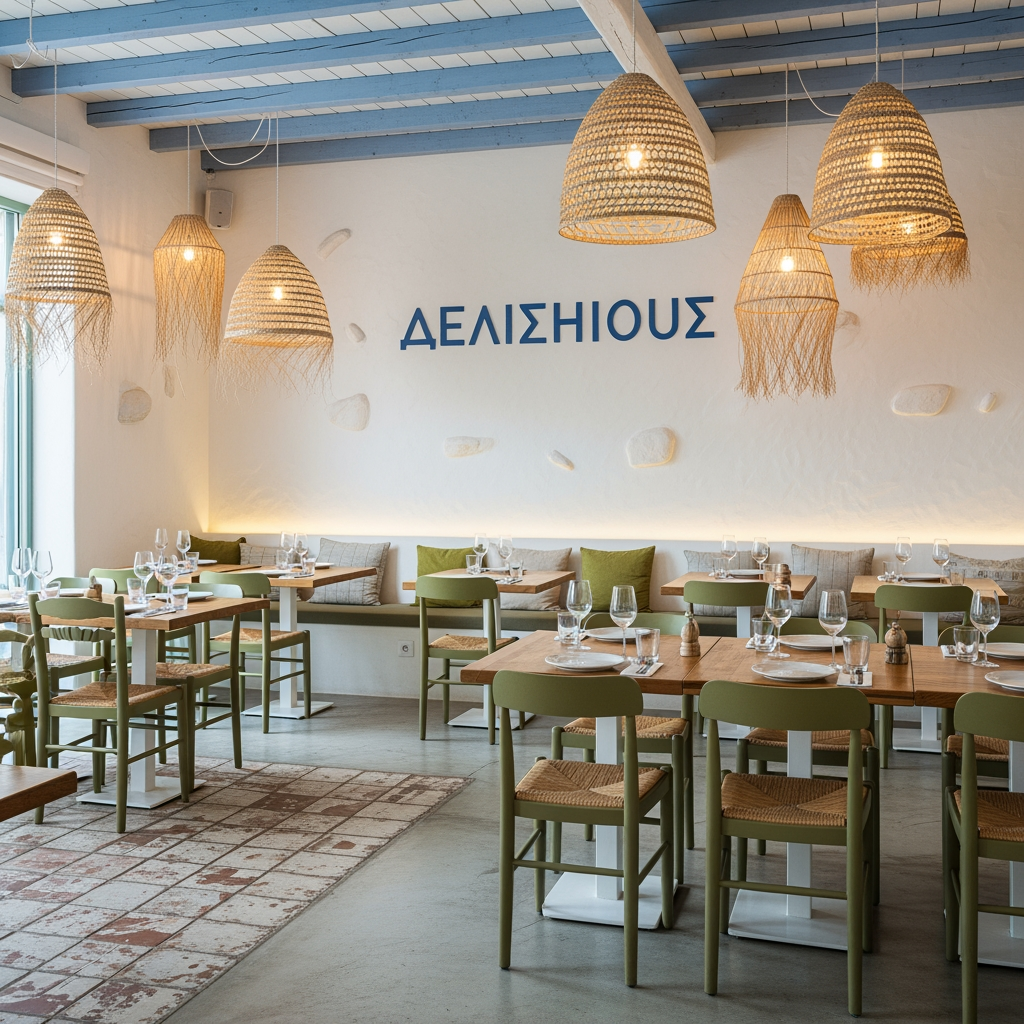 AI Design for we want uniqe desighns for a greek resturrant named delishous in greek for a nice chill desighn