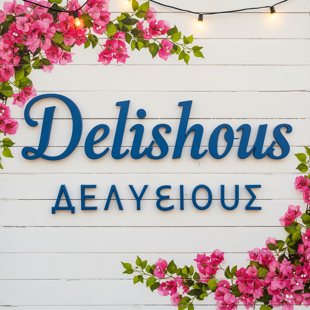AI Design for we want uniqe desighns for a greek resturrant named delishous in greek for a nice chill desighn sighn pink flowers