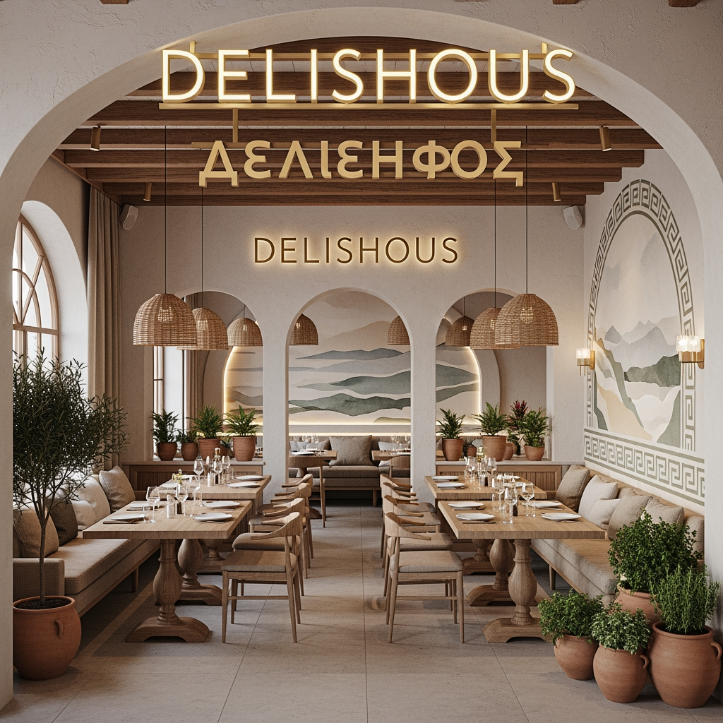 AI Design for we want uniqe desighns for a greek resturrant named delishous in greek for a nice chill desighn