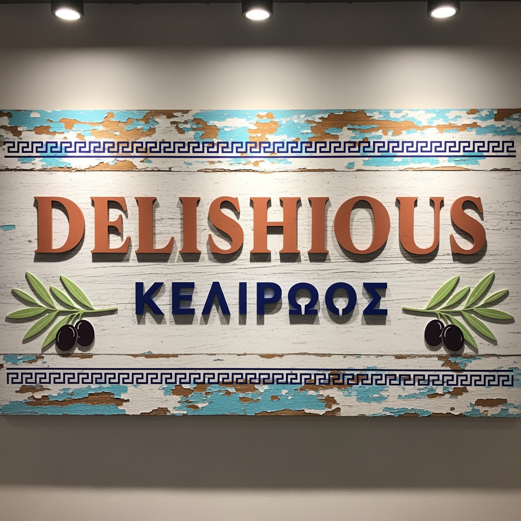 AI Design for we want uniqe desighns for a greek resturrant named delishous in greek for a nice chill desighn sighn