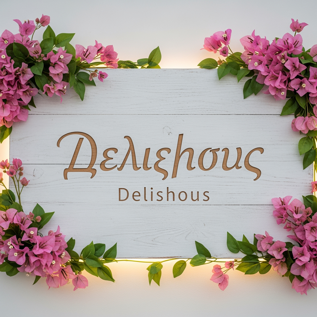 AI Design for we want uniqe desighns for a greek resturrant named delishous in greek for a nice chill desighn sighn pink flowers
