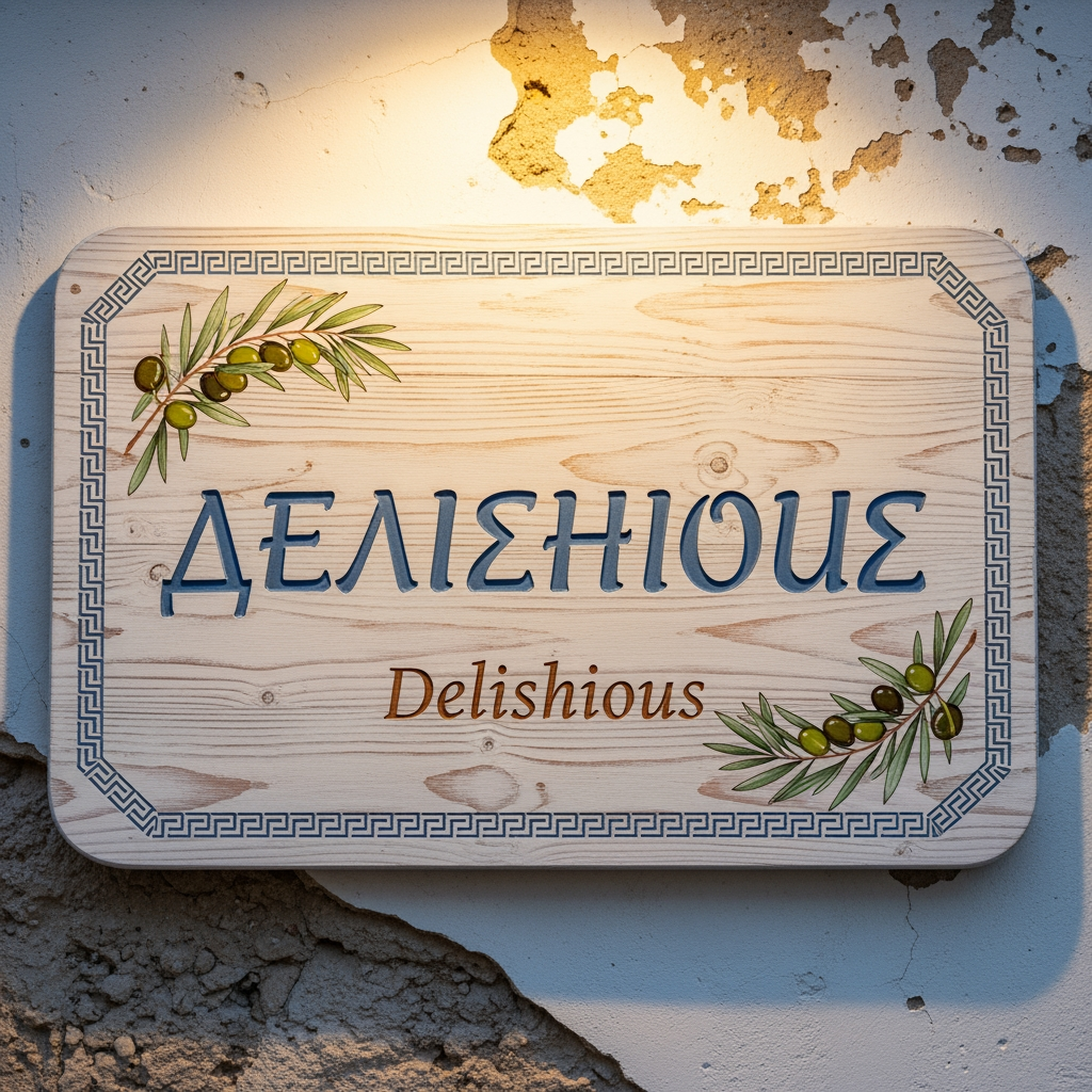 AI Design for we want uniqe desighns for a greek resturrant named delishous in greek for a nice chill desighn sighn