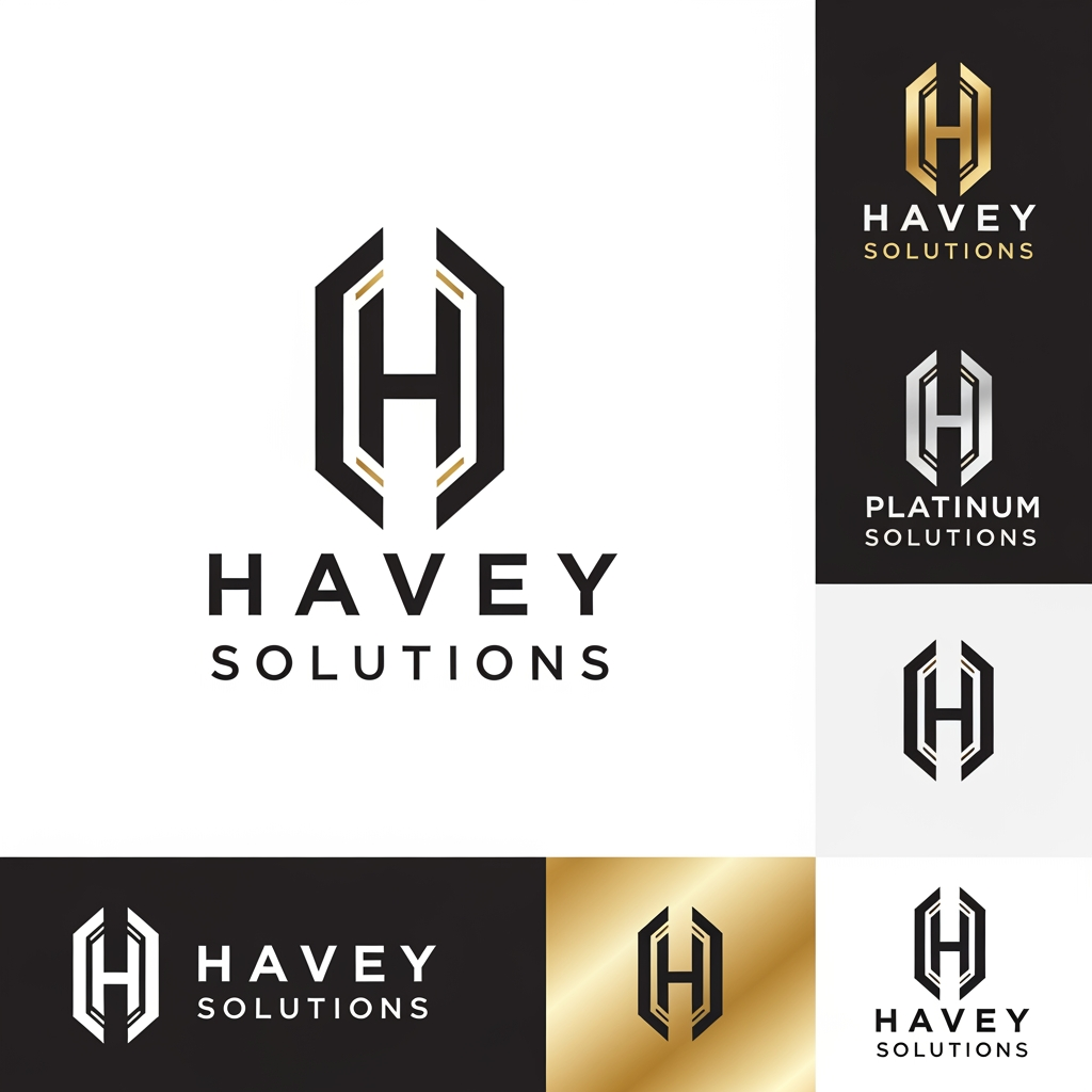 AI Design for # Premium Luxury Logo Prompt for Havey Solutions

Design an **iconic, ultra-premium, billionaire-brand quality logo** for **Havey Solutions**, a global technology and digital transformation company. The logo should communicate **prestige, intelligence, innovation, trust, and long-term authority**.

Create a **custom geometric monogram** centered around the letter **H**, crafted with flawless symmetry, precision, and negative space. The design should feel instantly recognizable and timeless—something that could stand alongside the world's most respected luxury and enterprise brands.

**Design Style**

* Minimal but unforgettable
* Luxury corporate aesthetic
* Swiss-inspired grid system
* High-end fintech and enterprise technology feel
* Elegant geometric construction
* Bold yet understated
* Flat vector design
* Timeless, not trendy
* Premium brand identity
* Museum-quality simplicity

**DO NOT USE**

* Generic tech icons
* Circuit lines
* Light bulbs
* Gears
* Globes
* Pixel effects
* AI brain icons
* Rockets
* Chat bubbles
* Clipart
* Stock elements
* Overly complex graphics

**Visual Language**

* Hidden negative-space symbolism
* Precision-engineered proportions
* Architectural balance
* Subtle forward movement
* Premium luxury branding
* Strong silhouette
* Exceptional readability at every size

**Luxury Color Palette**

* Deep Obsidian Black (#0A0A0A)
* Rich Champagne Gold (#C8A96A)
* Platinum Silver (#E5E5E5)
* Ivory White (#F8F8F8)

The gold should appear as refined metallic luxury—not bright yellow or flashy.

**Typography**

* Custom uppercase sans-serif
* Wide tracking
* Elegant spacing
* Clean, sophisticated, executive feel
* Premium editorial aesthetic
* High-end consulting firm style

**Mood**
Confident. Elite. Intelligent. Powerful. Exclusive. Global. Trustworthy. Sophisticated.

The final logo should look like it belongs on:

* A glass skyscraper headquarters
* Executive business cards with gold foil
* Luxury investor presentations
* Premium website hero section
* International technology conference stage
* Fortune 500 annual reports

**Rendering Requirements**

* Ultra-clean vector quality
* Perfect symmetry
* Crisp edges
* Minimal composition
* White background version
* Matte black background version
* Gold foil mockup
* Monogram-only version
* Full logo lockup
* High-end brand presentation

Overall impression: **quiet luxury, executive sophistication, and world-class enterprise branding**—a logo that looks worth billions rather than simply looking modern.