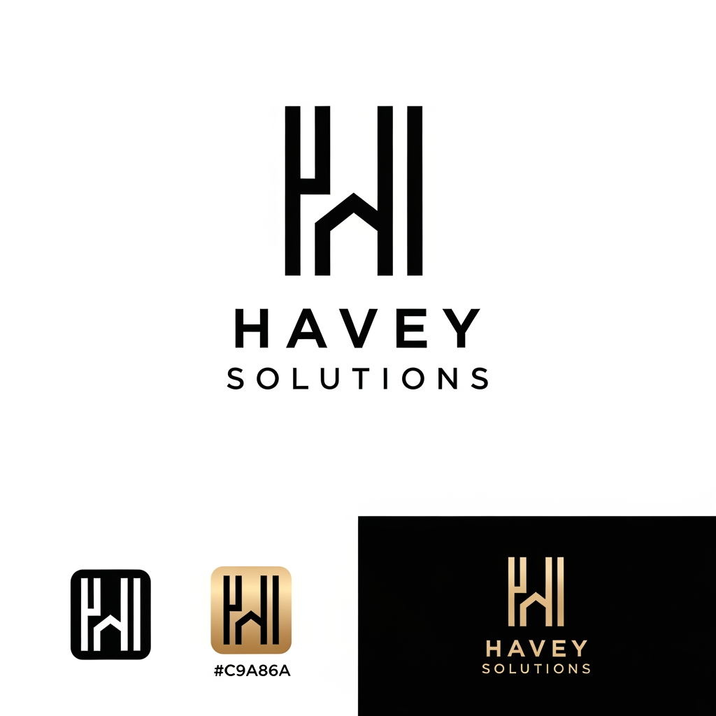 AI Design for **Create a world-class premium logo for "Havey Solutions" with a luxury enterprise technology aesthetic.**

Design a **minimal, timeless, and sophisticated geometric monogram** based on the letter **H**, using clean architectural lines and perfect symmetry. Integrate a **subtle negative-space upward arrow** within the H to symbolize innovation, digital transformation, growth, and forward thinking without making it obvious.

The logo should feel like a **Fortune 500 technology consulting brand**—refined, confident, and memorable. Avoid clichéd IT elements such as globes, gears, circuits, coding symbols, light bulbs, or generic swooshes.

**Style:**

* Ultra-minimal
* Luxury branding
* Corporate enterprise
* Swiss-inspired design
* Geometric precision
* Strong visual balance
* Flat vector style
* No gradients
* No 3D effects
* No shadows

**Color Palette:**

* Matte Black (#0B0B0B)
* Champagne Gold (#C9A86A)
* White (#FFFFFF)

**Typography:**

* Custom uppercase sans-serif wordmark
* Wide letter spacing
* Elegant and modern
* Premium corporate feel
* Similar quality to luxury consulting and fintech brands

**Composition:**

* Standalone H monogram
* Monogram above the wordmark
* Clean spacing and alignment
* Works perfectly in monochrome and gold
* Scalable for favicon, website, app icon, business card, and office signage

**Brand Personality:**

* Trustworthy
* Innovative
* Intelligent
* Premium
* Global
* Professional
* Future-ready

**Visual Inspiration:**
Think of the sophistication of luxury financial institutions and elite technology firms, with a logo that is iconic, instantly recognizable, and timeless rather than trendy.

**Output Requirements:**

* Premium vector logo
* White background version
* Black background version
* Icon-only version
* Full lockup version
* Crisp, minimalist, high-end branding suitable for an international technology company.