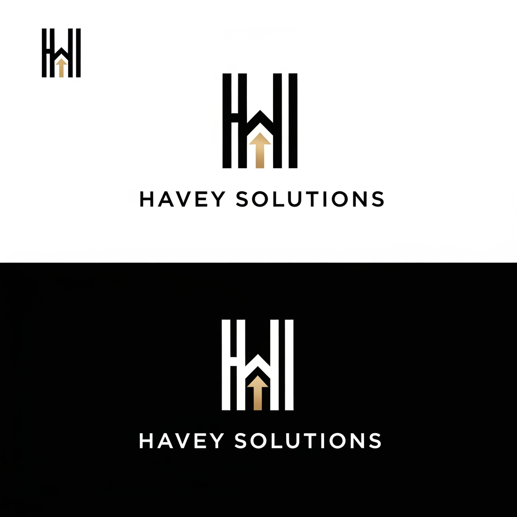 AI Design for **Create a world-class premium logo for "Havey Solutions" with a luxury enterprise technology aesthetic.**

Design a **minimal, timeless, and sophisticated geometric monogram** based on the letter **H**, using clean architectural lines and perfect symmetry. Integrate a **subtle negative-space upward arrow** within the H to symbolize innovation, digital transformation, growth, and forward thinking without making it obvious.

The logo should feel like a **Fortune 500 technology consulting brand**—refined, confident, and memorable. Avoid clichéd IT elements such as globes, gears, circuits, coding symbols, light bulbs, or generic swooshes.

**Style:**

* Ultra-minimal
* Luxury branding
* Corporate enterprise
* Swiss-inspired design
* Geometric precision
* Strong visual balance
* Flat vector style
* No gradients
* No 3D effects
* No shadows

**Color Palette:**

* Matte Black (#0B0B0B)
* Champagne Gold (#C9A86A)
* White (#FFFFFF)

**Typography:**

* Custom uppercase sans-serif wordmark
* Wide letter spacing
* Elegant and modern
* Premium corporate feel
* Similar quality to luxury consulting and fintech brands

**Composition:**

* Standalone H monogram
* Monogram above the wordmark
* Clean spacing and alignment
* Works perfectly in monochrome and gold
* Scalable for favicon, website, app icon, business card, and office signage

**Brand Personality:**

* Trustworthy
* Innovative
* Intelligent
* Premium
* Global
* Professional
* Future-ready

**Visual Inspiration:**
Think of the sophistication of luxury financial institutions and elite technology firms, with a logo that is iconic, instantly recognizable, and timeless rather than trendy.

**Output Requirements:**

* Premium vector logo
* White background version
* Black background version
* Icon-only version
* Full lockup version
* Crisp, minimalist, high-end branding suitable for an international technology company.