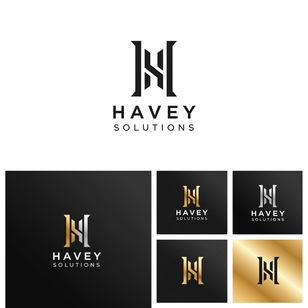 AI Design for # Premium Luxury Logo Prompt for Havey Solutions

Design an **iconic, ultra-premium, billionaire-brand quality logo** for **Havey Solutions**, a global technology and digital transformation company. The logo should communicate **prestige, intelligence, innovation, trust, and long-term authority**.

Create a **custom geometric monogram** centered around the letter **H**, crafted with flawless symmetry, precision, and negative space. The design should feel instantly recognizable and timeless—something that could stand alongside the world's most respected luxury and enterprise brands.

**Design Style**

* Minimal but unforgettable
* Luxury corporate aesthetic
* Swiss-inspired grid system
* High-end fintech and enterprise technology feel
* Elegant geometric construction
* Bold yet understated
* Flat vector design
* Timeless, not trendy
* Premium brand identity
* Museum-quality simplicity

**DO NOT USE**

* Generic tech icons
* Circuit lines
* Light bulbs
* Gears
* Globes
* Pixel effects
* AI brain icons
* Rockets
* Chat bubbles
* Clipart
* Stock elements
* Overly complex graphics

**Visual Language**

* Hidden negative-space symbolism
* Precision-engineered proportions
* Architectural balance
* Subtle forward movement
* Premium luxury branding
* Strong silhouette
* Exceptional readability at every size

**Luxury Color Palette**

* Deep Obsidian Black (#0A0A0A)
* Rich Champagne Gold (#C8A96A)
* Platinum Silver (#E5E5E5)
* Ivory White (#F8F8F8)

The gold should appear as refined metallic luxury—not bright yellow or flashy.

**Typography**

* Custom uppercase sans-serif
* Wide tracking
* Elegant spacing
* Clean, sophisticated, executive feel
* Premium editorial aesthetic
* High-end consulting firm style

**Mood**
Confident. Elite. Intelligent. Powerful. Exclusive. Global. Trustworthy. Sophisticated.

The final logo should look like it belongs on:

* A glass skyscraper headquarters
* Executive business cards with gold foil
* Luxury investor presentations
* Premium website hero section
* International technology conference stage
* Fortune 500 annual reports

**Rendering Requirements**

* Ultra-clean vector quality
* Perfect symmetry
* Crisp edges
* Minimal composition
* White background version
* Matte black background version
* Gold foil mockup
* Monogram-only version
* Full logo lockup
* High-end brand presentation

Overall impression: **quiet luxury, executive sophistication, and world-class enterprise branding**—a logo that looks worth billions rather than simply looking modern.
