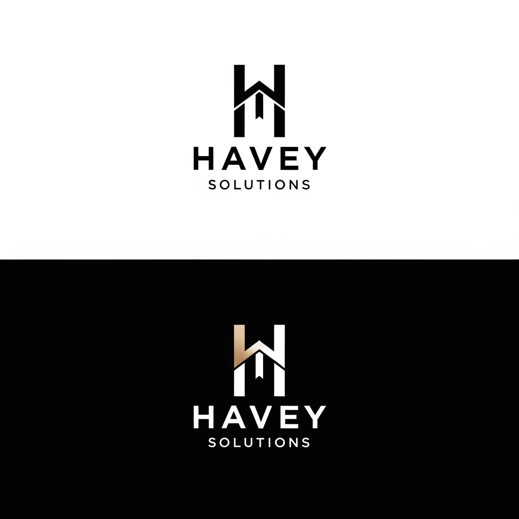 AI Design for **Create a world-class premium logo for "Havey Solutions" with a luxury enterprise technology aesthetic.**

Design a **minimal, timeless, and sophisticated geometric monogram** based on the letter **H**, using clean architectural lines and perfect symmetry. Integrate a **subtle negative-space upward arrow** within the H to symbolize innovation, digital transformation, growth, and forward thinking without making it obvious.

The logo should feel like a **Fortune 500 technology consulting brand**—refined, confident, and memorable. Avoid clichéd IT elements such as globes, gears, circuits, coding symbols, light bulbs, or generic swooshes.

**Style:**

* Ultra-minimal
* Luxury branding
* Corporate enterprise
* Swiss-inspired design
* Geometric precision
* Strong visual balance
* Flat vector style
* No gradients
* No 3D effects
* No shadows

**Color Palette:**

* Matte Black (#0B0B0B)
* Champagne Gold (#C9A86A)
* White (#FFFFFF)

**Typography:**

* Custom uppercase sans-serif wordmark
* Wide letter spacing
* Elegant and modern
* Premium corporate feel
* Similar quality to luxury consulting and fintech brands

**Composition:**

* Standalone H monogram
* Monogram above the wordmark
* Clean spacing and alignment
* Works perfectly in monochrome and gold
* Scalable for favicon, website, app icon, business card, and office signage

**Brand Personality:**

* Trustworthy
* Innovative
* Intelligent
* Premium
* Global
* Professional
* Future-ready

**Visual Inspiration:**
Think of the sophistication of luxury financial institutions and elite technology firms, with a logo that is iconic, instantly recognizable, and timeless rather than trendy.

**Output Requirements:**

* Premium vector logo
* White background version
* Black background version
* Icon-only version
* Full lockup version
* Crisp, minimalist, high-end branding suitable for an international technology company.