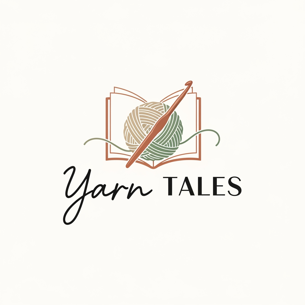 AI Design for Design a minimalist luxury logo for a crochet and slow-fashion brand called 'Yarn Tales'. Feature a delicate yarn ball with a crochet hook seamlessly forming an open book, symbolizing stories woven through yarn. Use earthy beige, sage green, and muted terracotta tones. Elegant handwritten typography combined with a modern serif font. Clean, sophisticated, feminine, sustainable, premium branding, vector logo, white background.