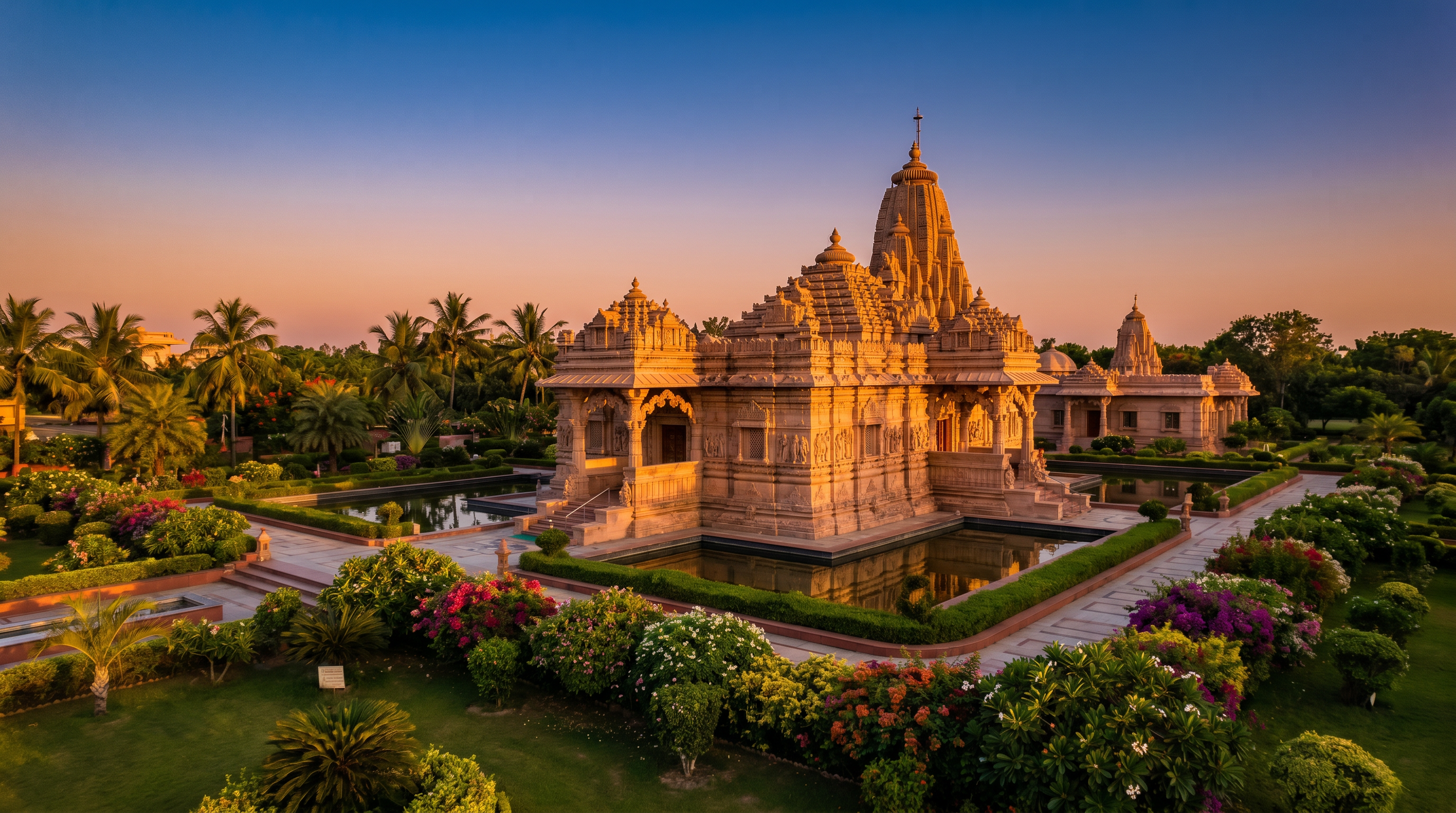 AI Design for A serene and majestic architectural representation of Gokulam's Samskriti Hare Krishna Gokula Kshetram, featuring intricate temple carvings, traditional Vedic aesthetics, and lush, peaceful gardens. The scene is bathed in warm, golden hour sunlight, highlighting the textured stone surfaces and vibrant floral landscaping with a cinematic, wide-angle composition.