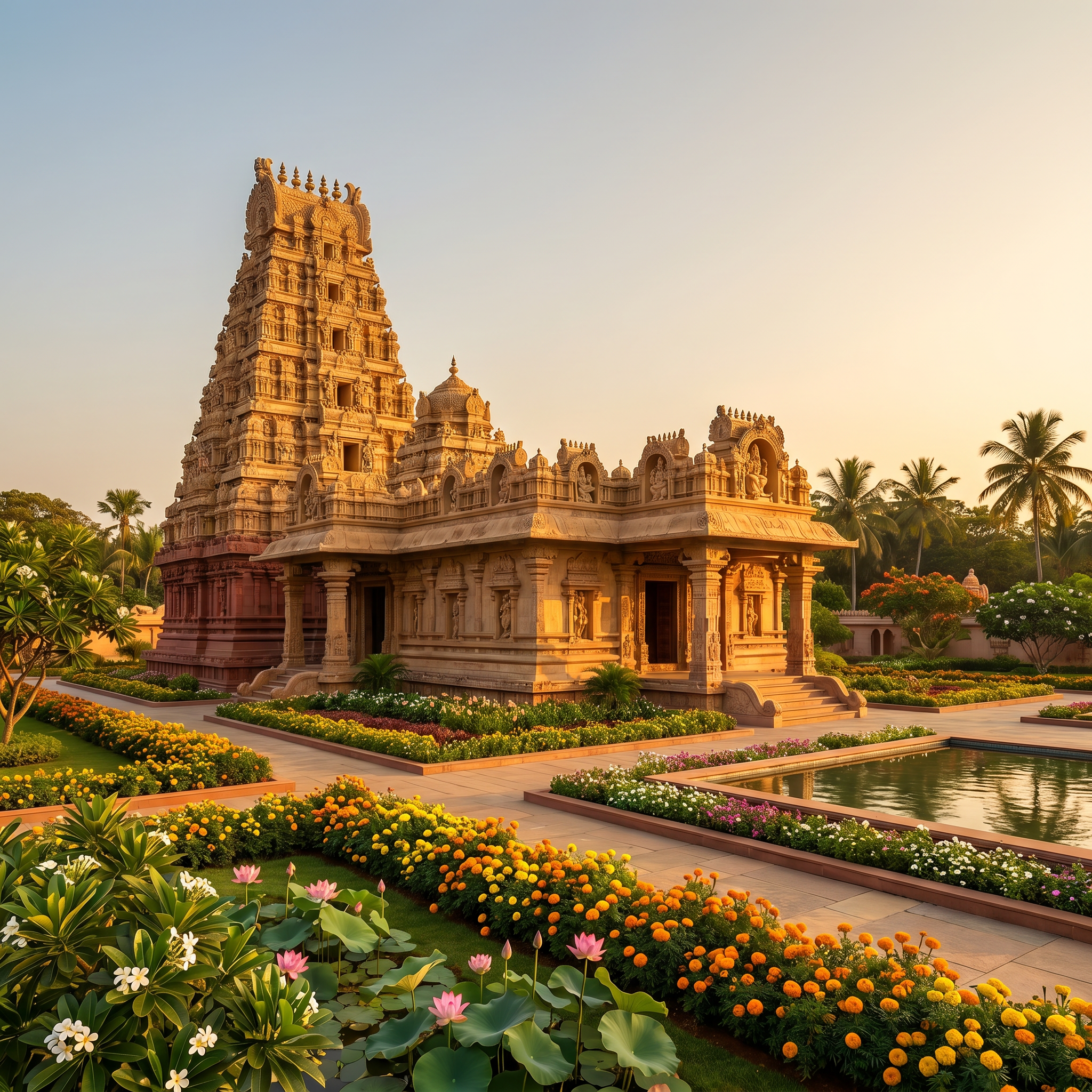 AI Design for A serene and majestic architectural representation of Gokulam's Samskriti Hare Krishna Gokula Kshetram, featuring intricate temple carvings, traditional Vedic aesthetics, and lush, peaceful gardens. The scene is bathed in warm, golden hour sunlight, highlighting the textured stone surfaces and vibrant floral landscaping with a cinematic, wide-angle composition.