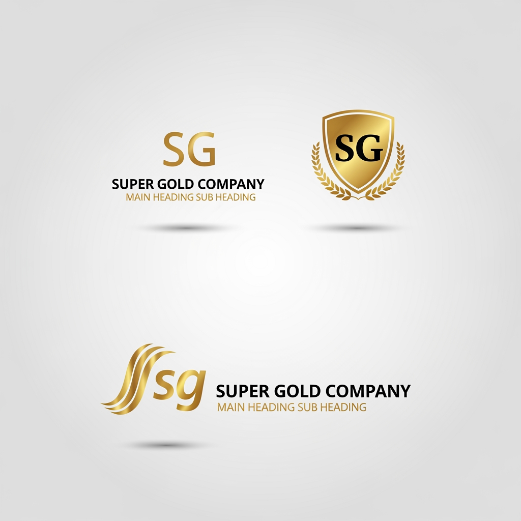 AI Design for SG MAIN HEADING SUB HEADING SUPER GOLD COMPANY USE THIS CONTENT CREATE LOGO IN THREE TYPES