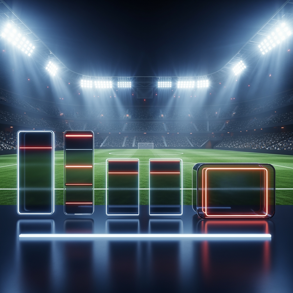 AI Design for "A professional sports news broadcast background layout for a football match schedule, 16:9 aspect ratio. A highly detailed modern football stadium at night with bright stadium floodlights in the background. Sleek, glowing neon glass panels or transparent dark boxes arranged neatly to place text later. Dark blue, gold, and red color theme. Epic sports photography, dynamic lighting, 8k resolution, clean and modern UI design, completely NO TEXT."