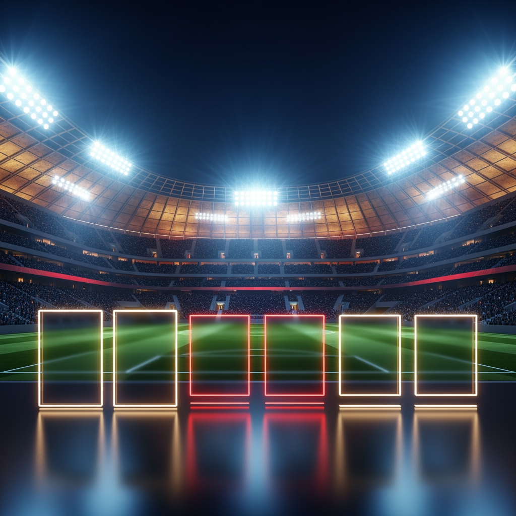 AI Design for "A professional sports news broadcast background layout for a football match schedule, 16:9 aspect ratio. A highly detailed modern football stadium at night with bright stadium floodlights in the background. Sleek, glowing neon glass panels or transparent dark boxes arranged neatly to place text later. Dark blue, gold, and red color theme. Epic sports photography, dynamic lighting, 8k resolution, clean and modern UI design, completely NO TEXT."